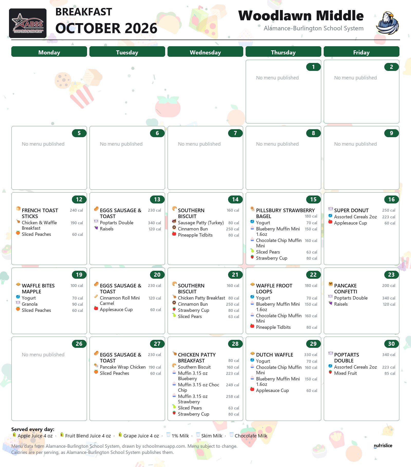 Woodlawn Middle breakfast menu for October 2026 &mdash; Alamance-Burlington School System