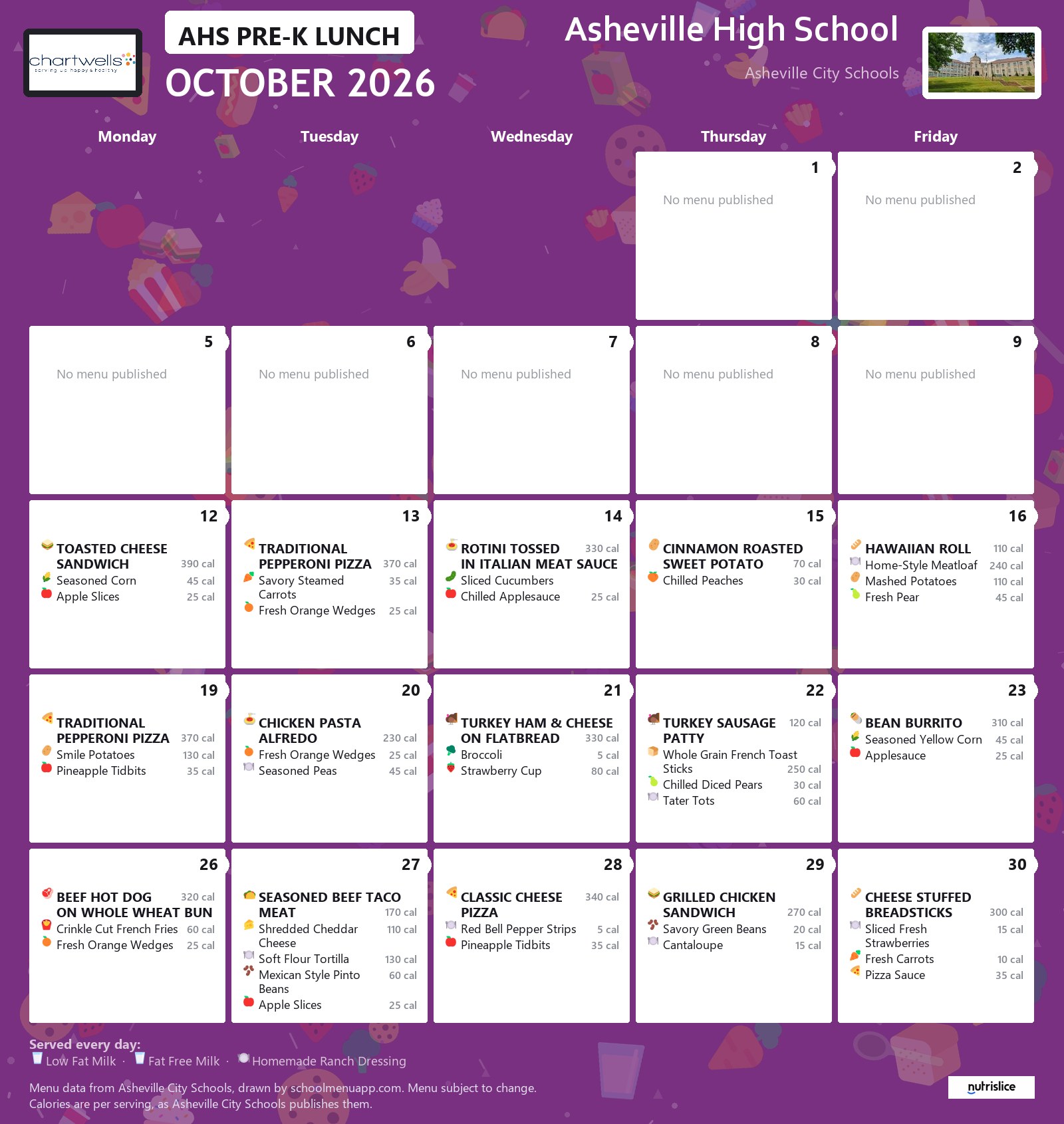 Asheville High School ahs pre-k lunch menu for October 2026 &mdash; Asheville City Schools