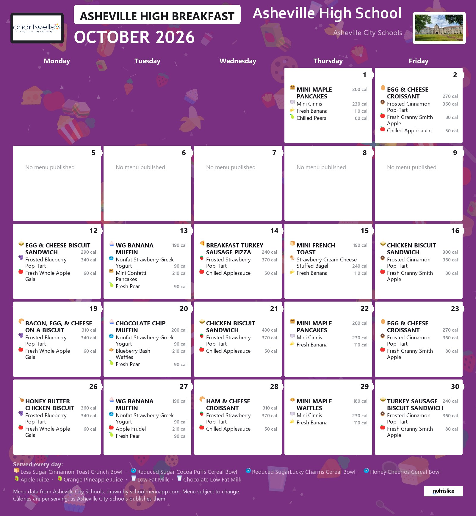 Asheville High School breakfast menu for October 2026 &mdash; Asheville City Schools