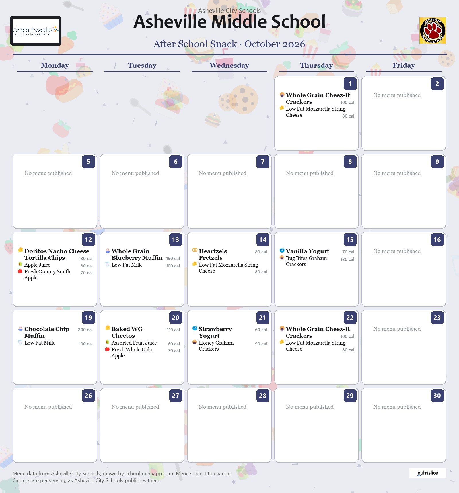 Asheville Middle School after school snack menu for October 2026 &mdash; Asheville City Schools