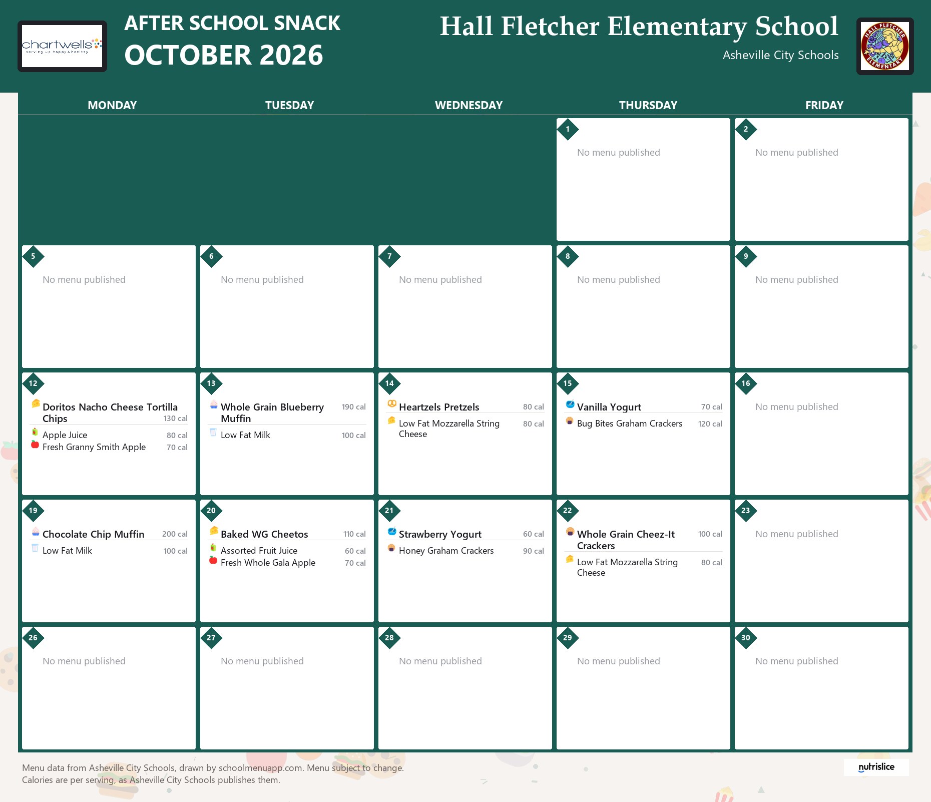 Hall Fletcher Elementary School after school snack menu for October 2026 &mdash; Asheville City Schools
