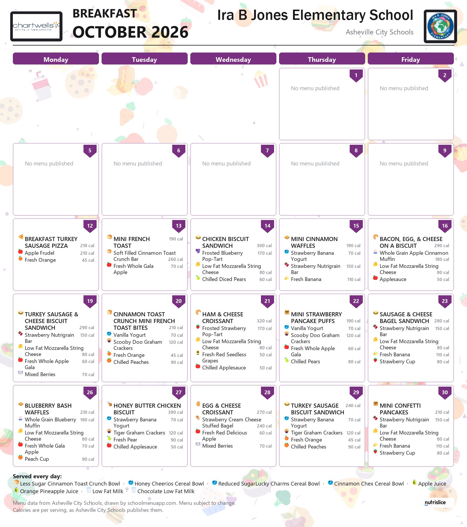 Ira B Jones Elementary School breakfast menu for October 2026 &mdash; Asheville City Schools