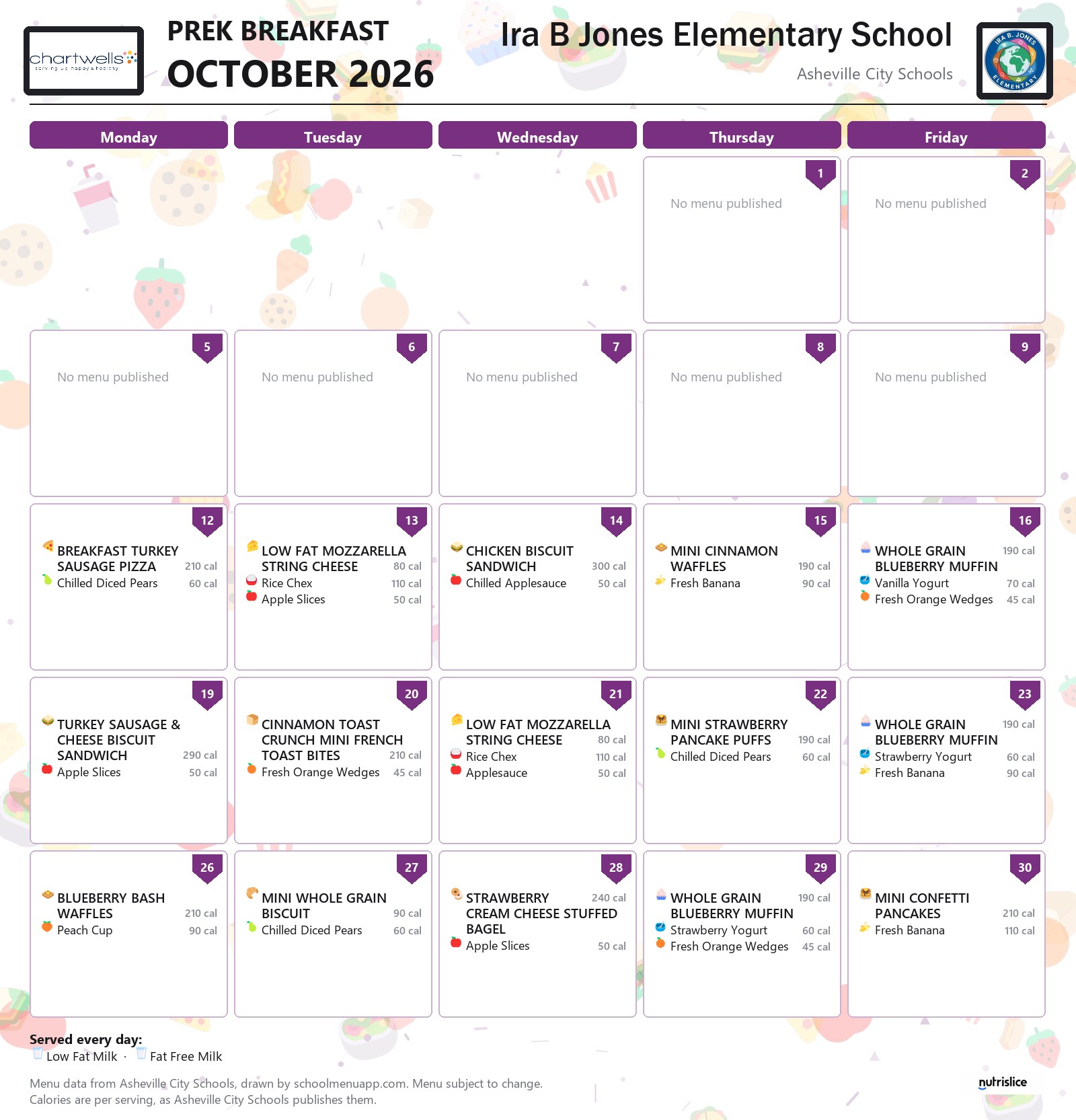 Ira B Jones Elementary School prek breakfast menu for October 2026 &mdash; Asheville City Schools