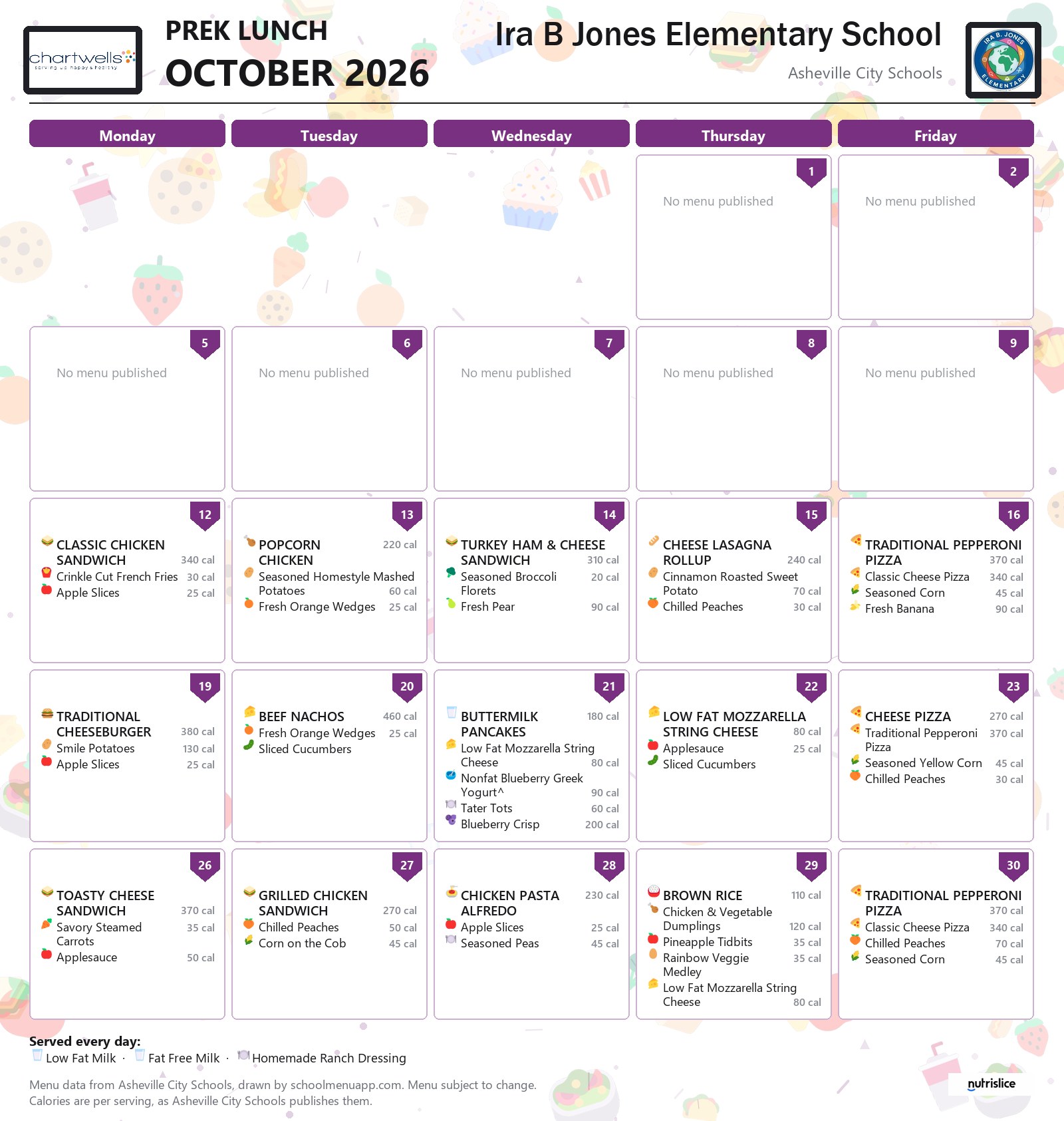 Ira B Jones Elementary School prek lunch menu for October 2026 &mdash; Asheville City Schools