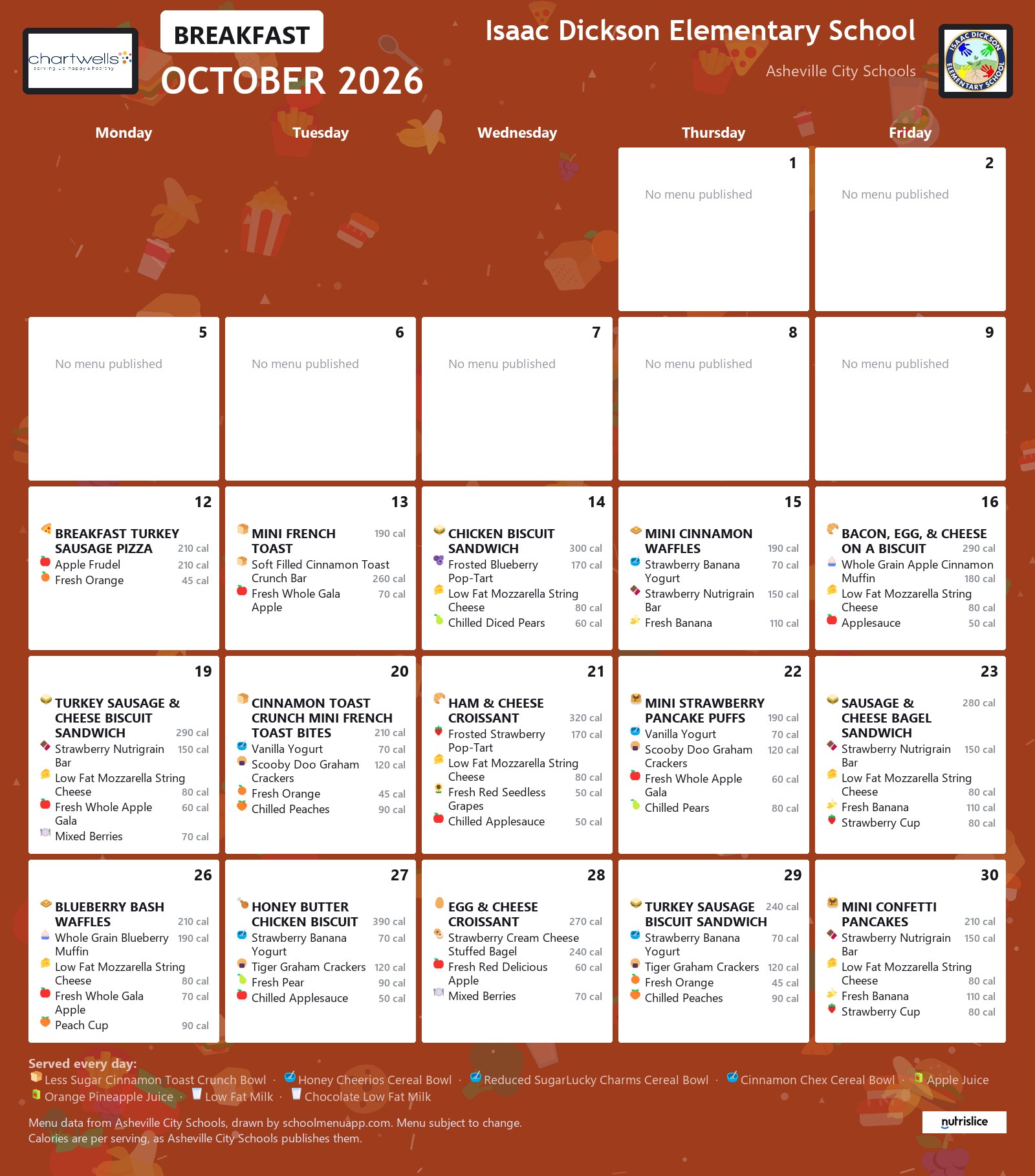 Isaac Dickson Elementary School breakfast menu for October 2026 &mdash; Asheville City Schools