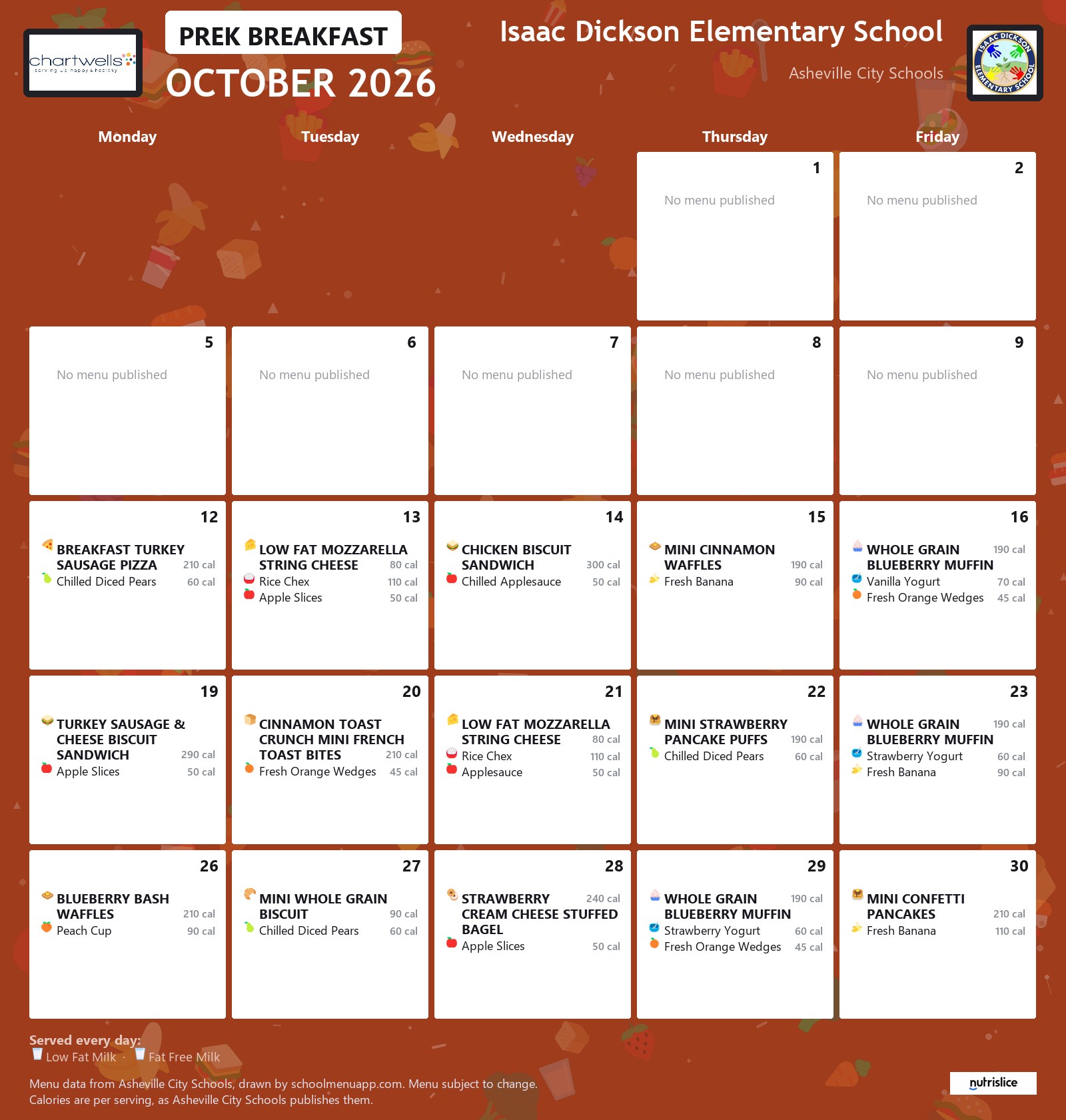 Isaac Dickson Elementary School prek breakfast menu for October 2026 &mdash; Asheville City Schools