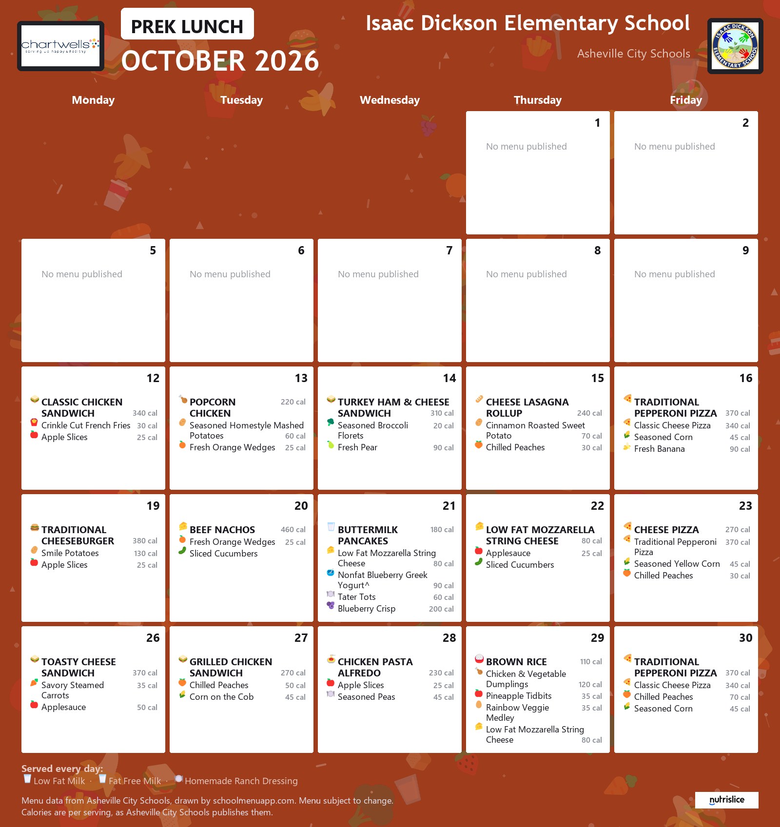Isaac Dickson Elementary School prek lunch menu for October 2026 &mdash; Asheville City Schools