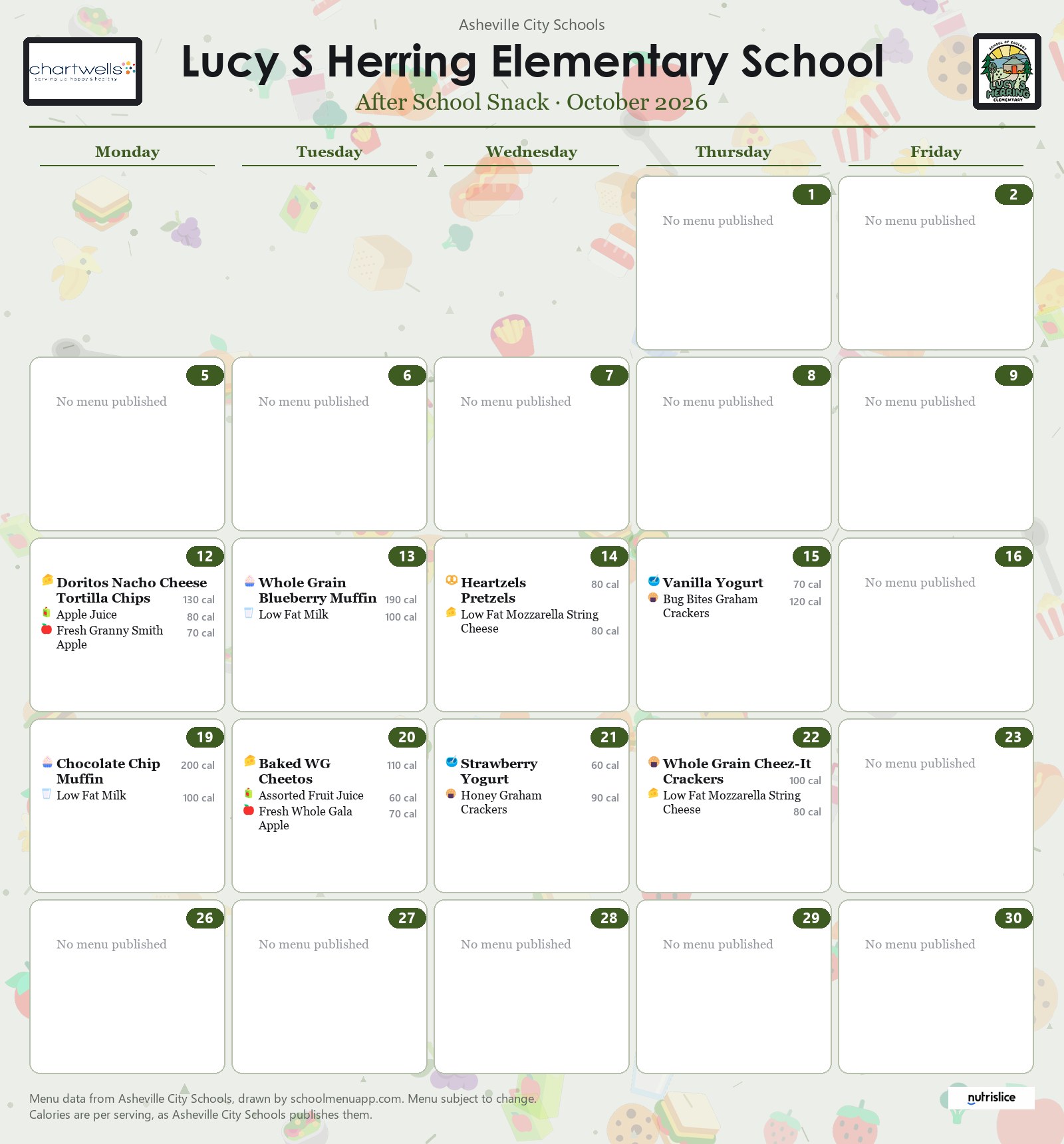 Lucy S Herring Elementary School after school snack menu for October 2026 &mdash; Asheville City Schools