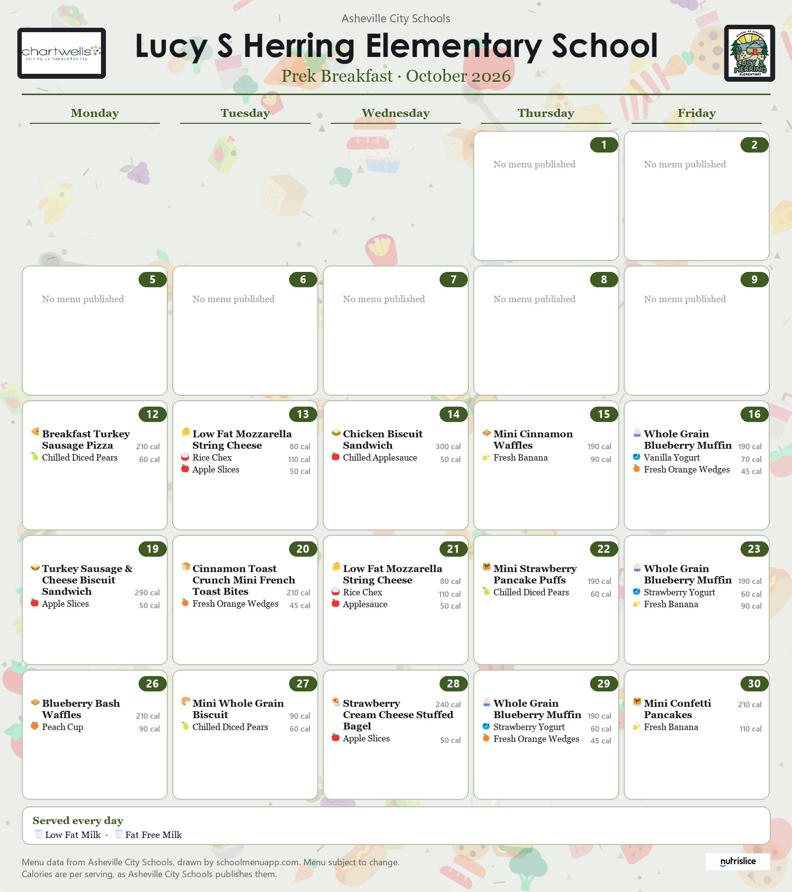 Lucy S Herring Elementary School prek breakfast menu for October 2026 &mdash; Asheville City Schools