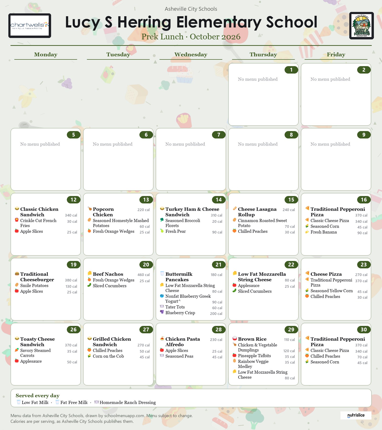 Lucy S Herring Elementary School prek lunch menu for October 2026 &mdash; Asheville City Schools