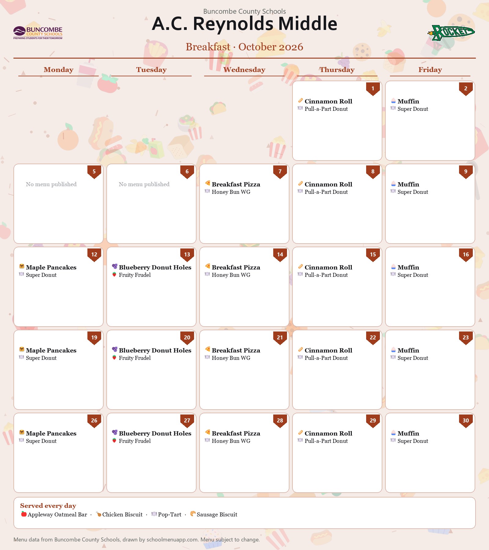 A.C. Reynolds Middle breakfast menu for October 2026 &mdash; Buncombe County Schools