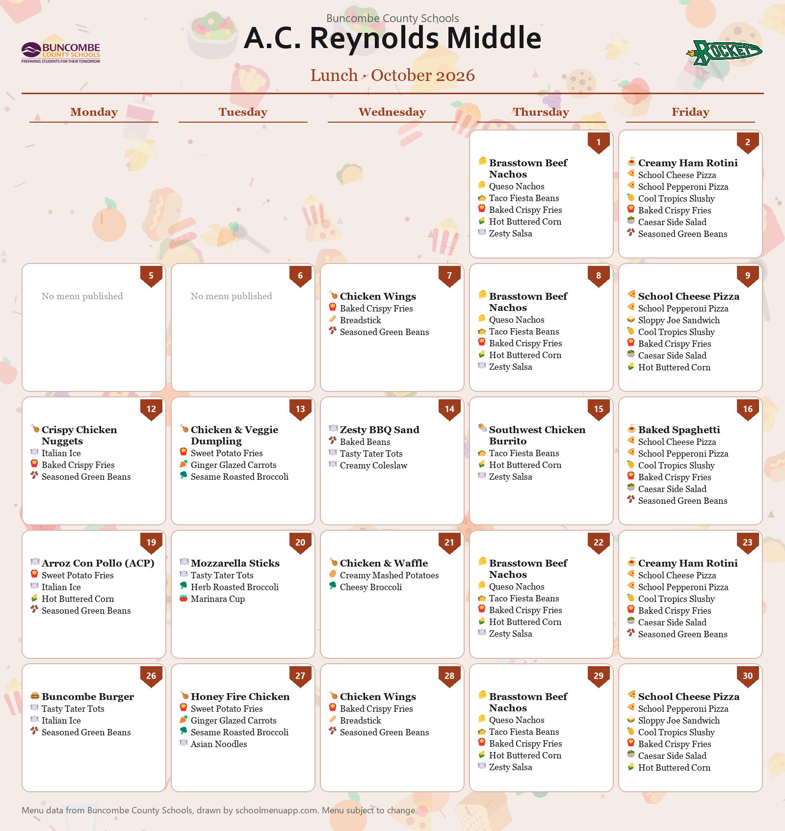 A.C. Reynolds Middle lunch menu for October 2026 &mdash; Buncombe County Schools