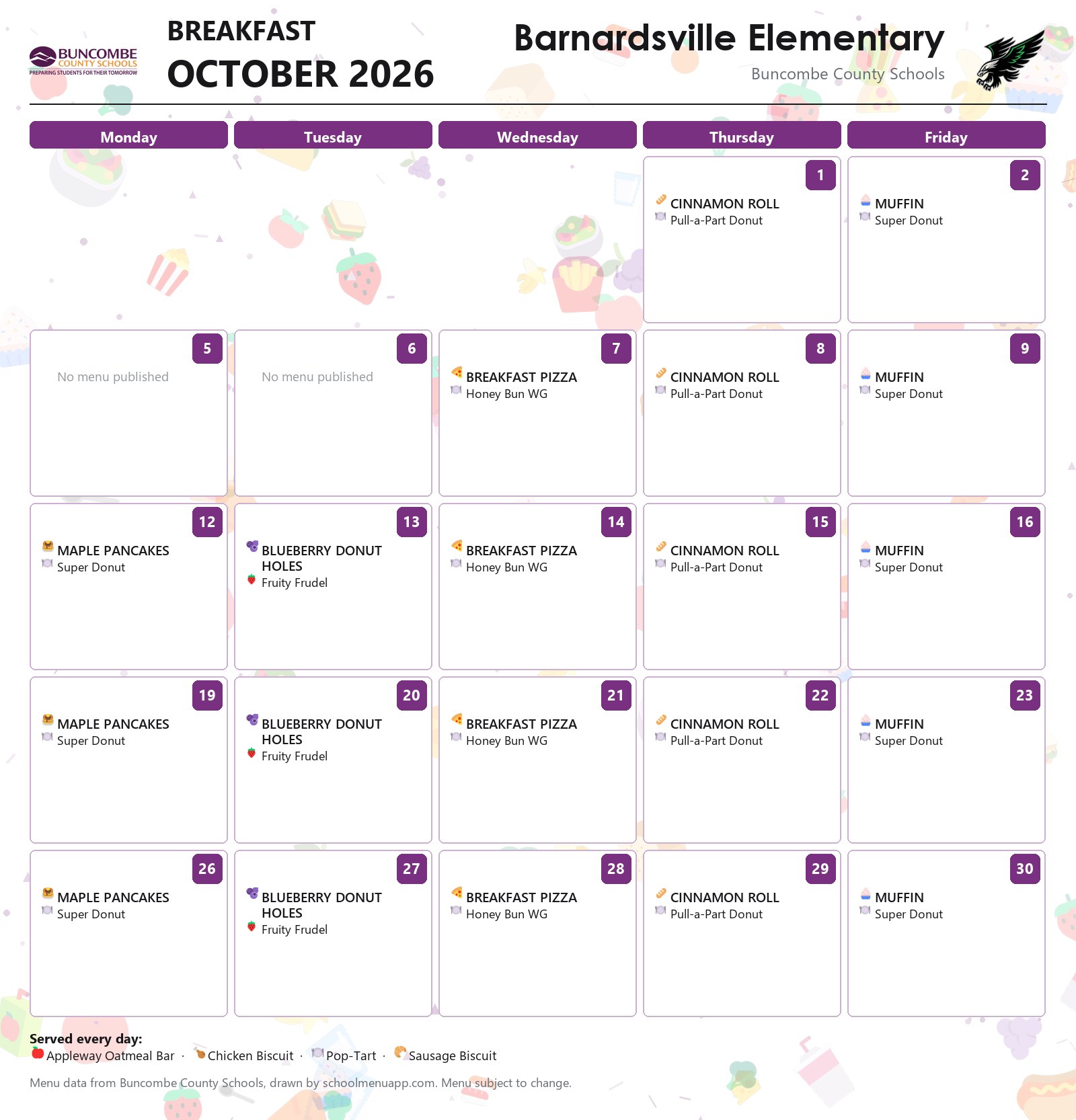 Barnardsville Elementary breakfast menu for October 2026 &mdash; Buncombe County Schools
