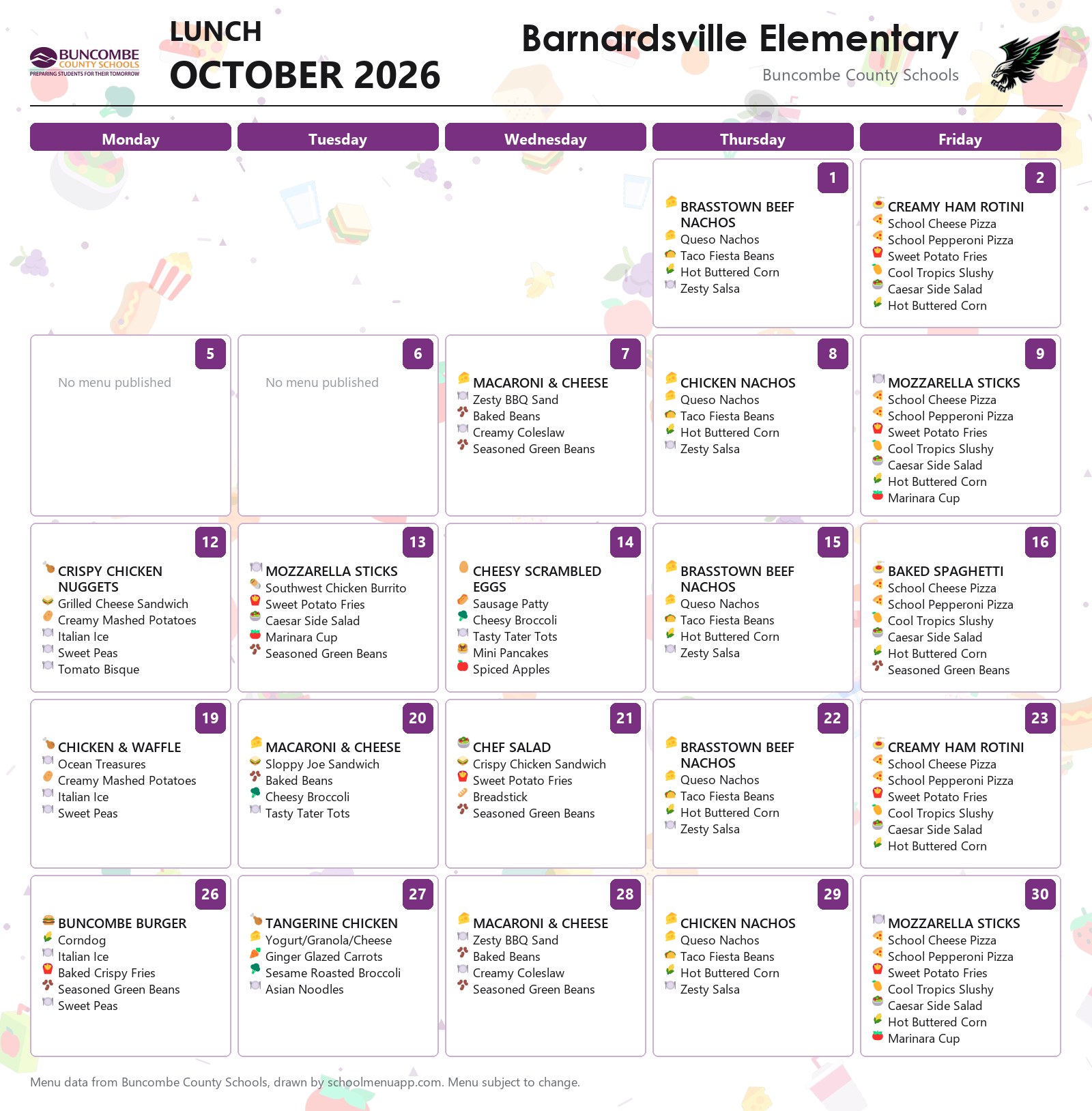 Barnardsville Elementary lunch menu for October 2026 &mdash; Buncombe County Schools