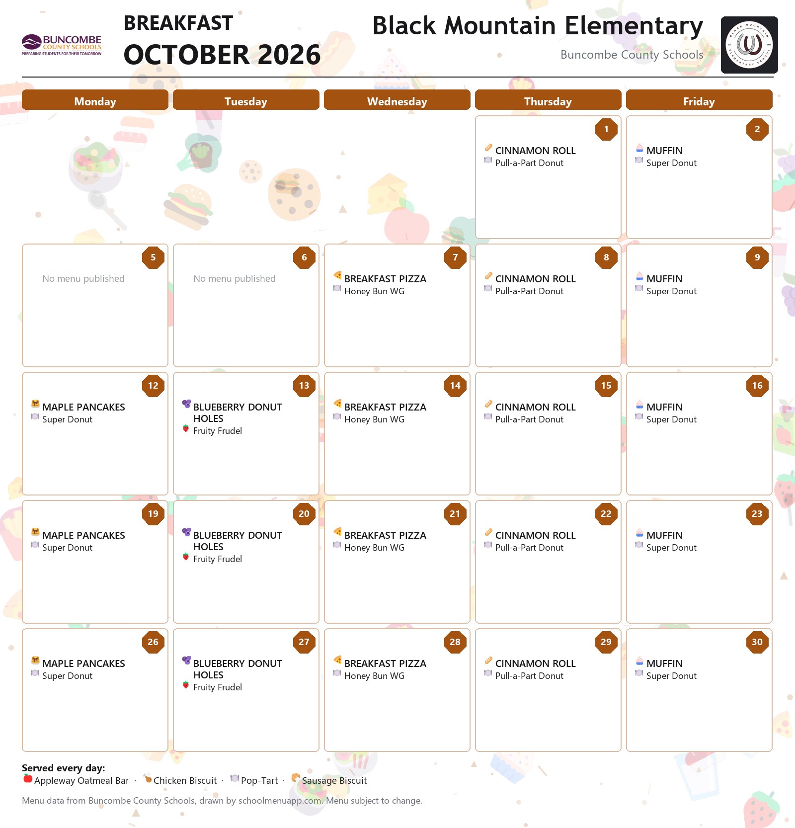Black Mountain Elementary breakfast menu for October 2026 &mdash; Buncombe County Schools