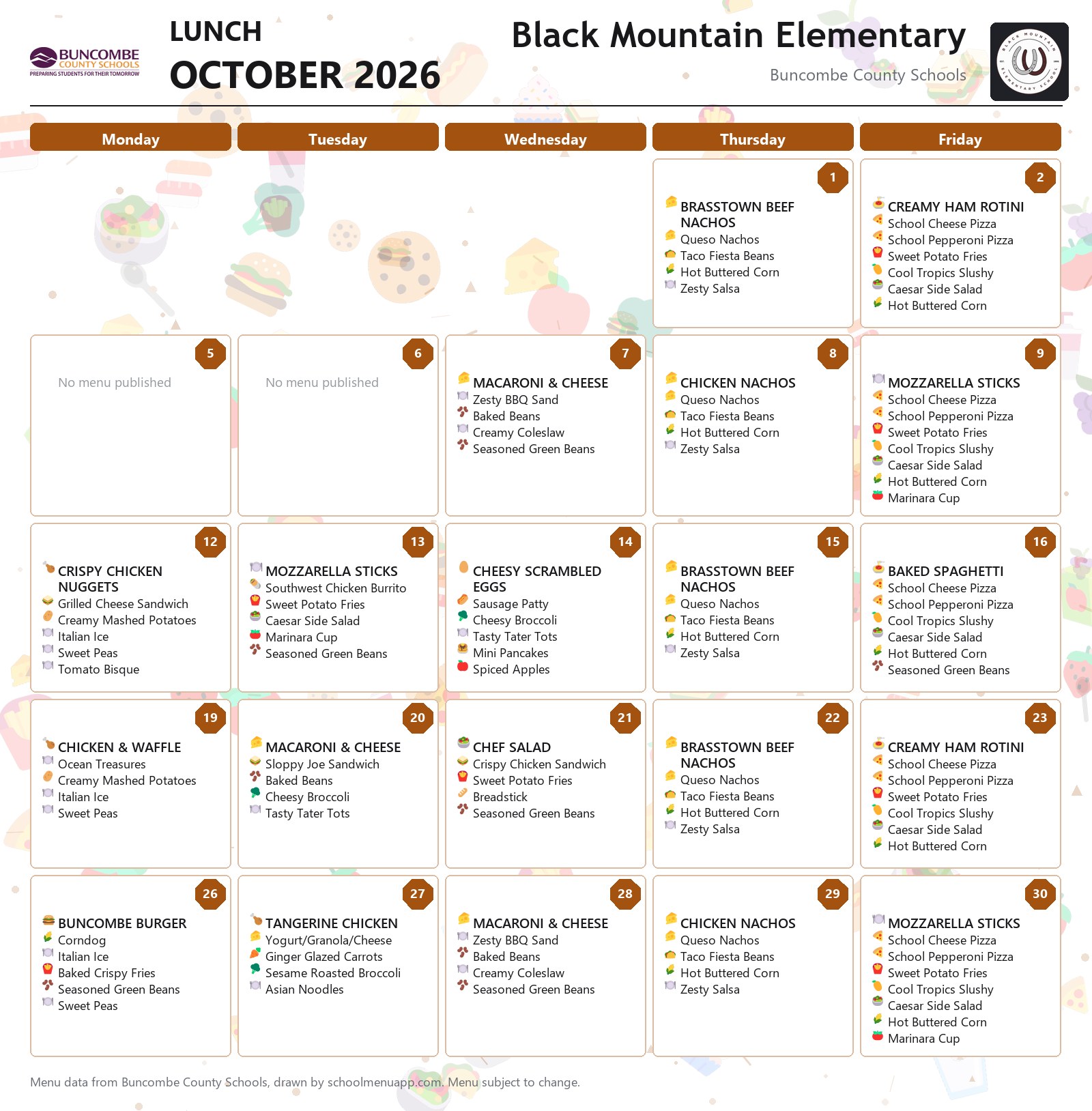 Black Mountain Elementary lunch menu for October 2026 &mdash; Buncombe County Schools
