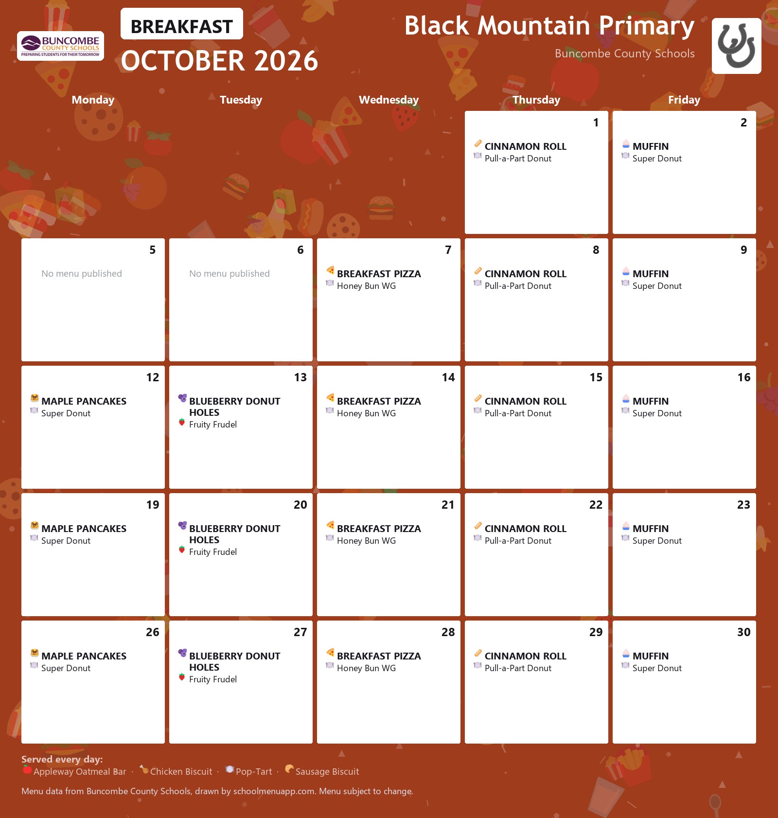 Black Mountain Primary breakfast menu for October 2026 &mdash; Buncombe County Schools