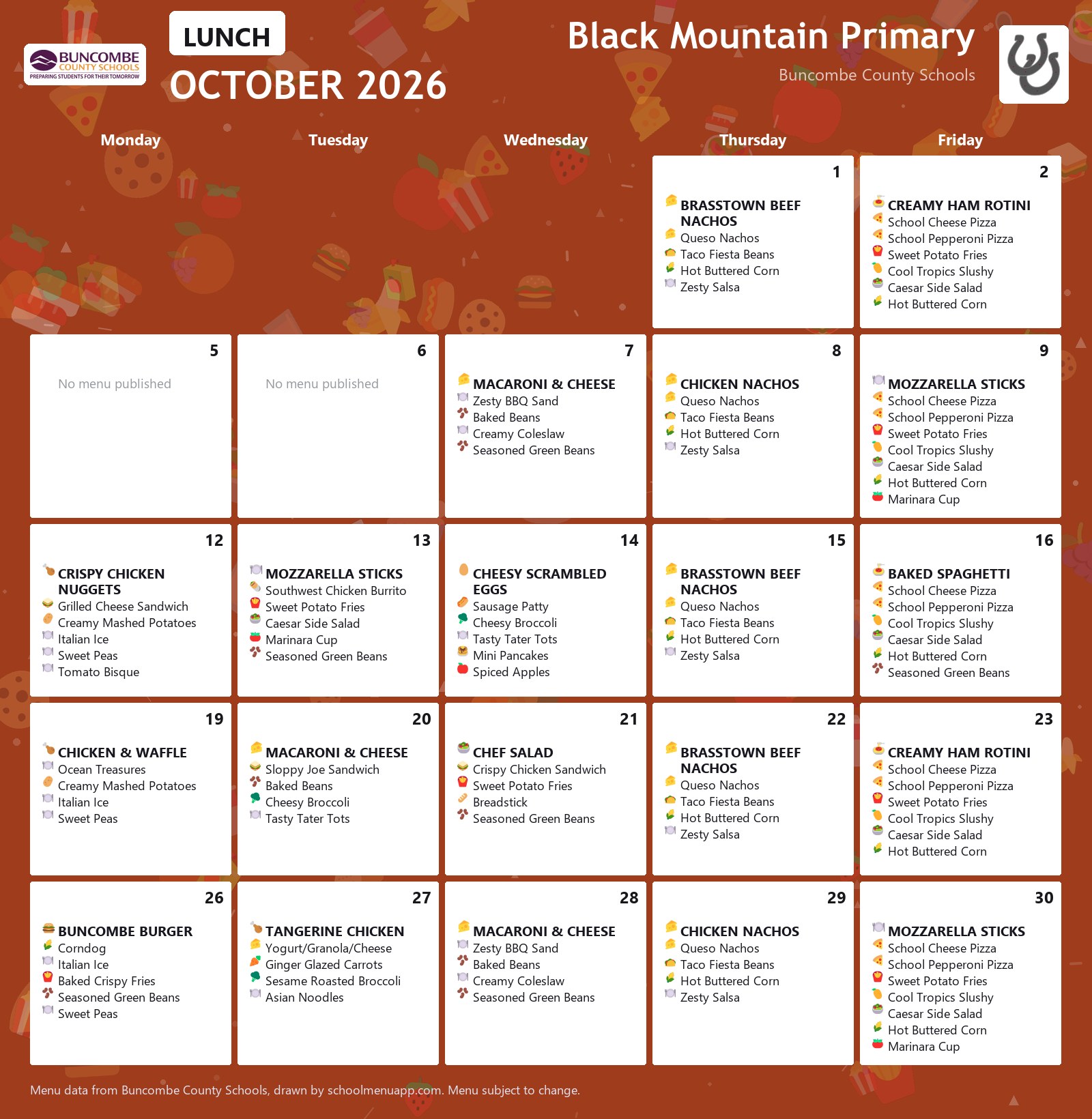 Black Mountain Primary lunch menu for October 2026 &mdash; Buncombe County Schools