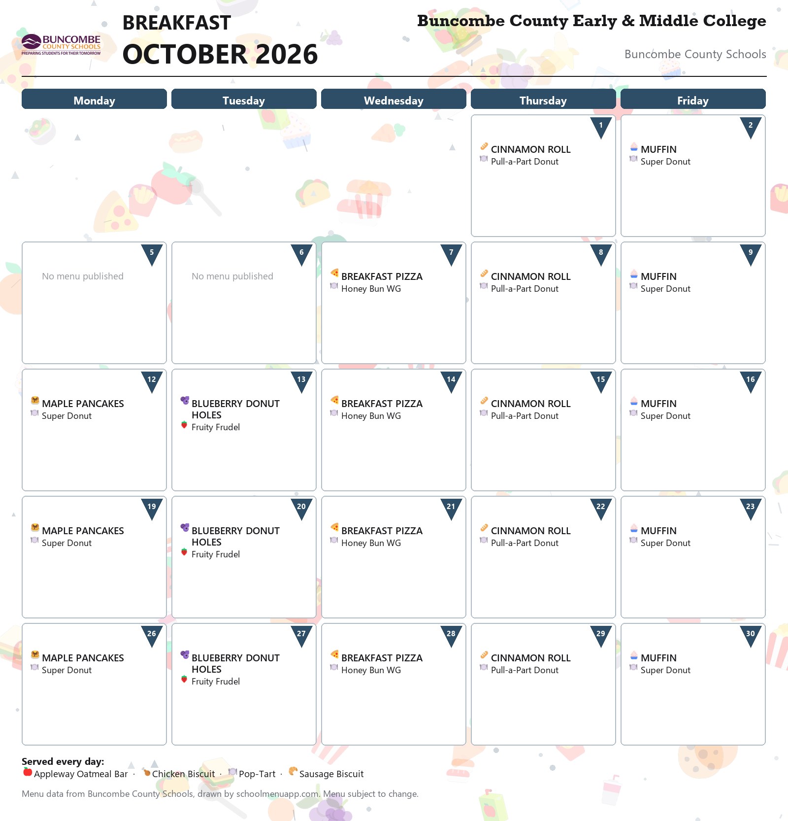 Buncombe County Early & Middle College breakfast menu for October 2026 &mdash; Buncombe County Schools
