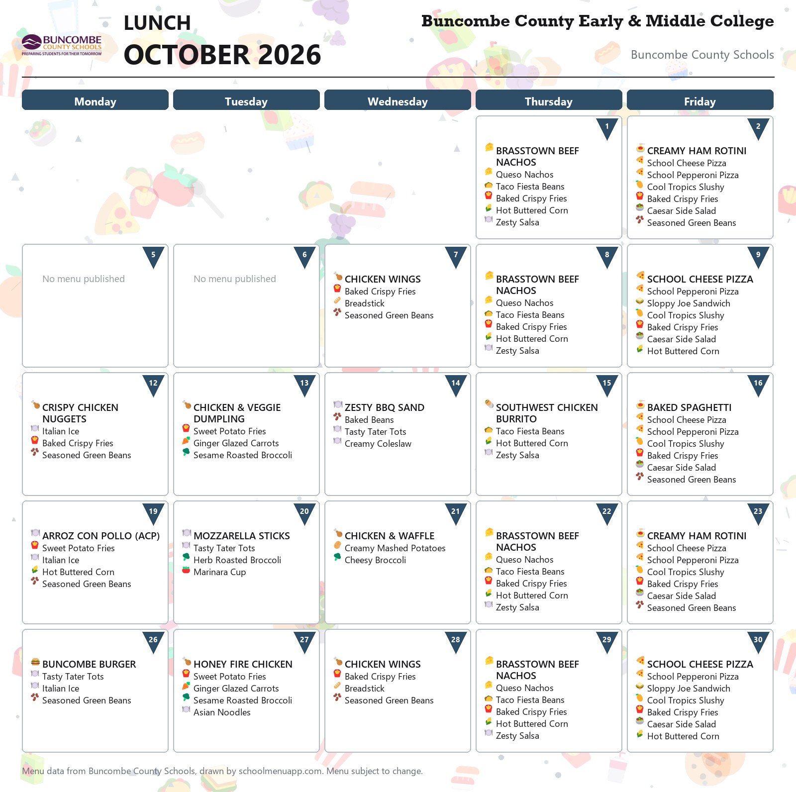 Buncombe County Early & Middle College lunch menu for October 2026 &mdash; Buncombe County Schools