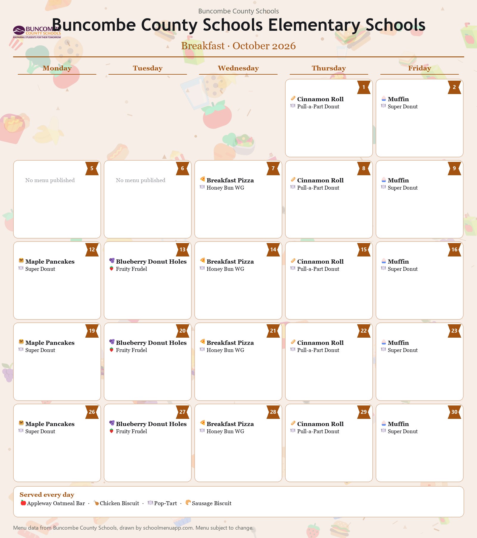 Buncombe County Schools Elementary Schools breakfast menu for October 2026 &mdash; Buncombe County Schools