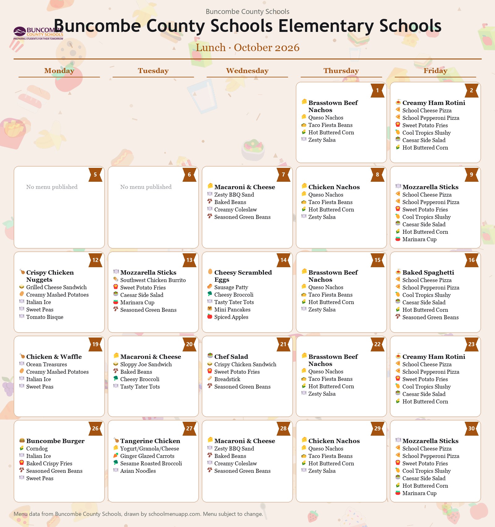 Buncombe County Schools Elementary Schools lunch menu for October 2026 &mdash; Buncombe County Schools