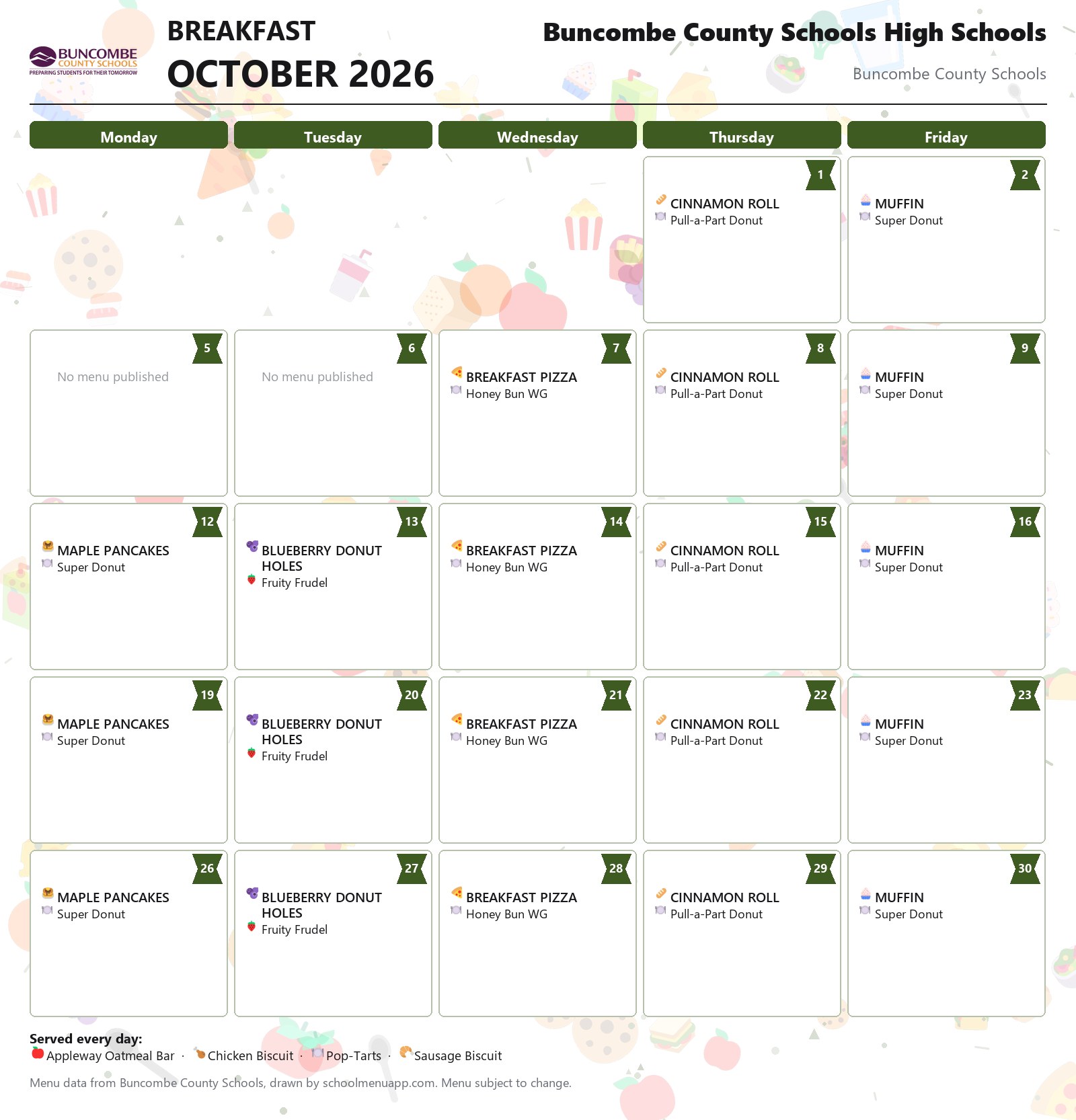 Buncombe County Schools High Schools breakfast menu for October 2026 &mdash; Buncombe County Schools