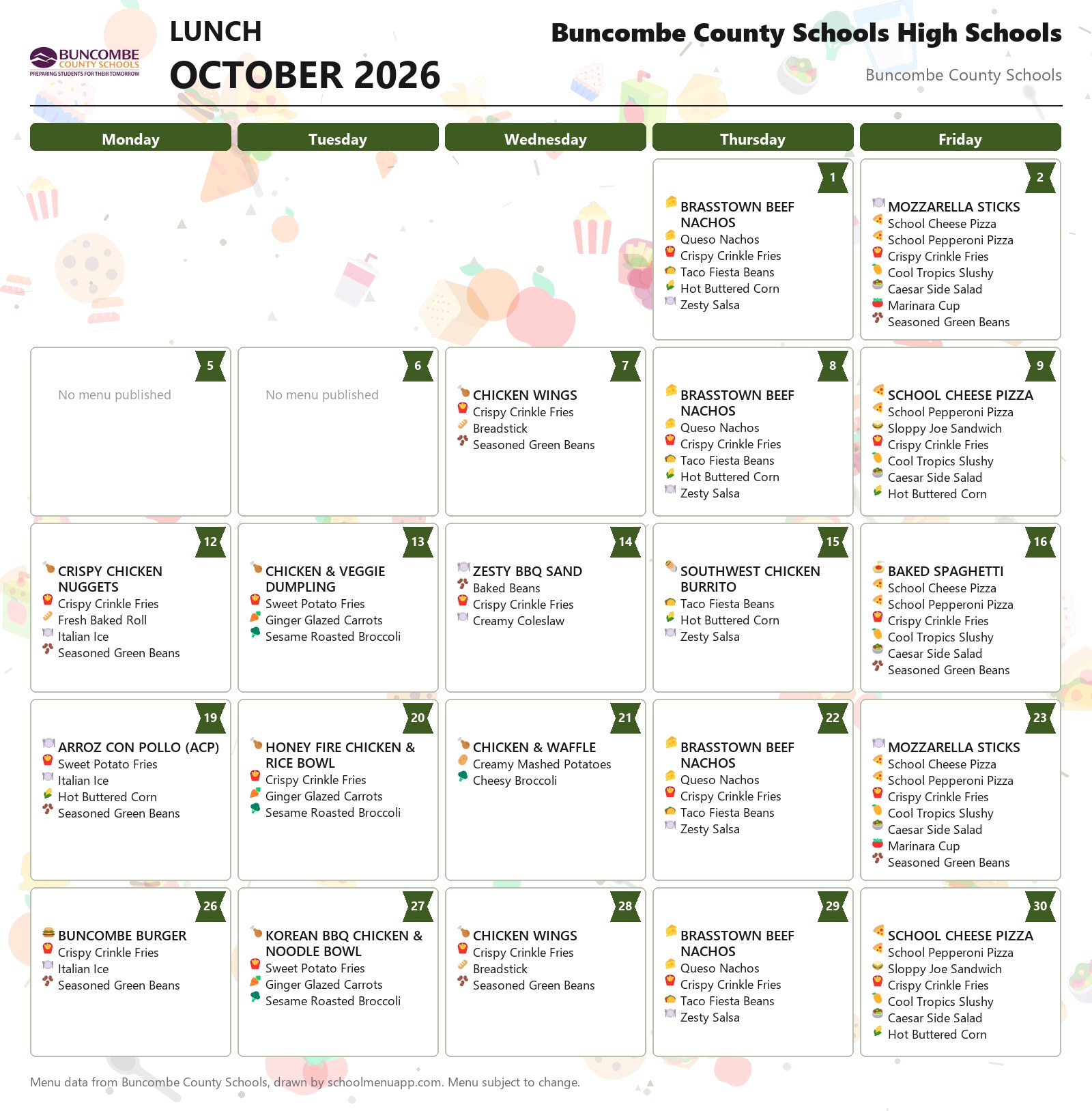 Buncombe County Schools High Schools lunch menu for October 2026 &mdash; Buncombe County Schools