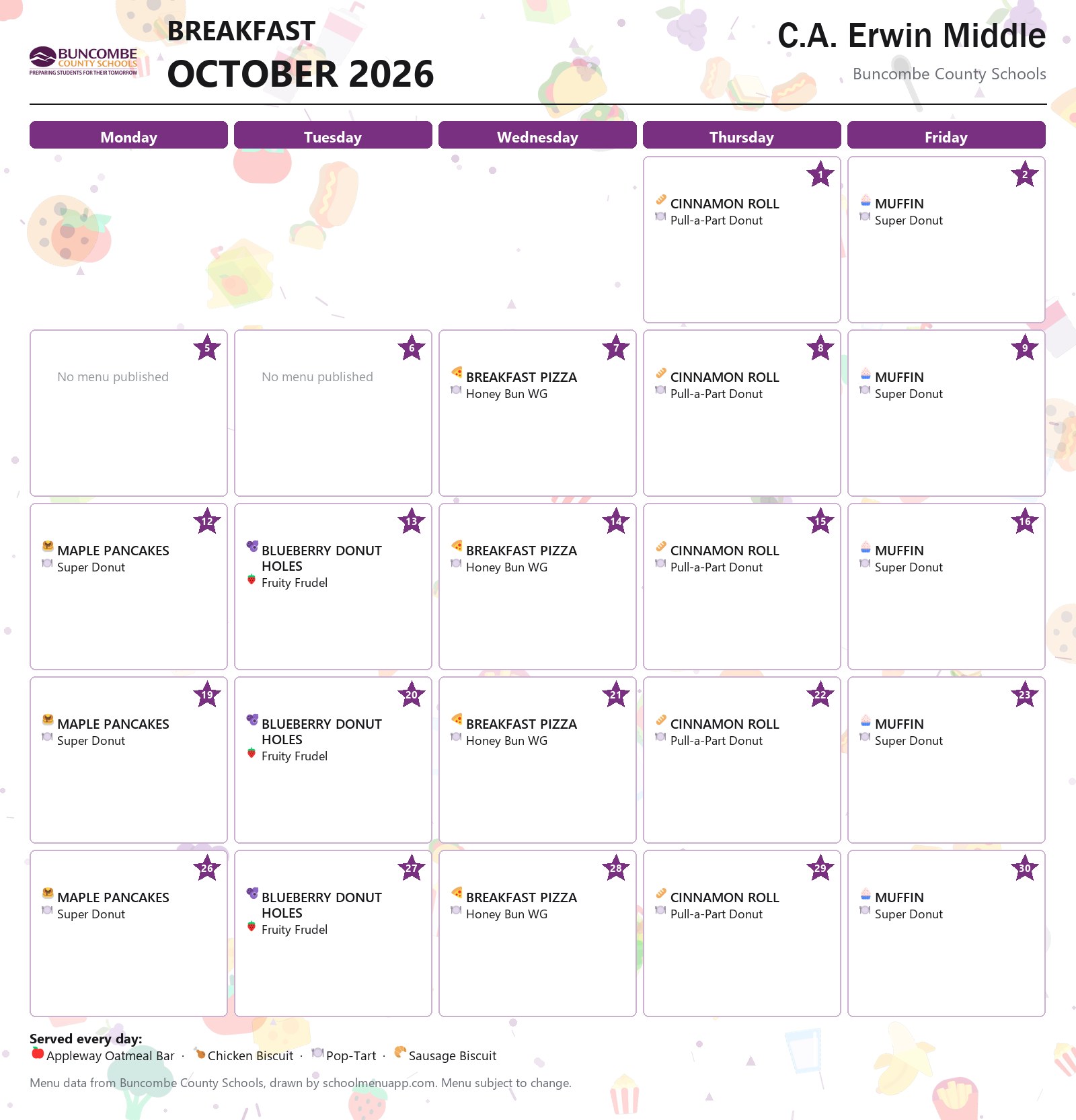 C.A. Erwin Middle breakfast menu for October 2026 &mdash; Buncombe County Schools