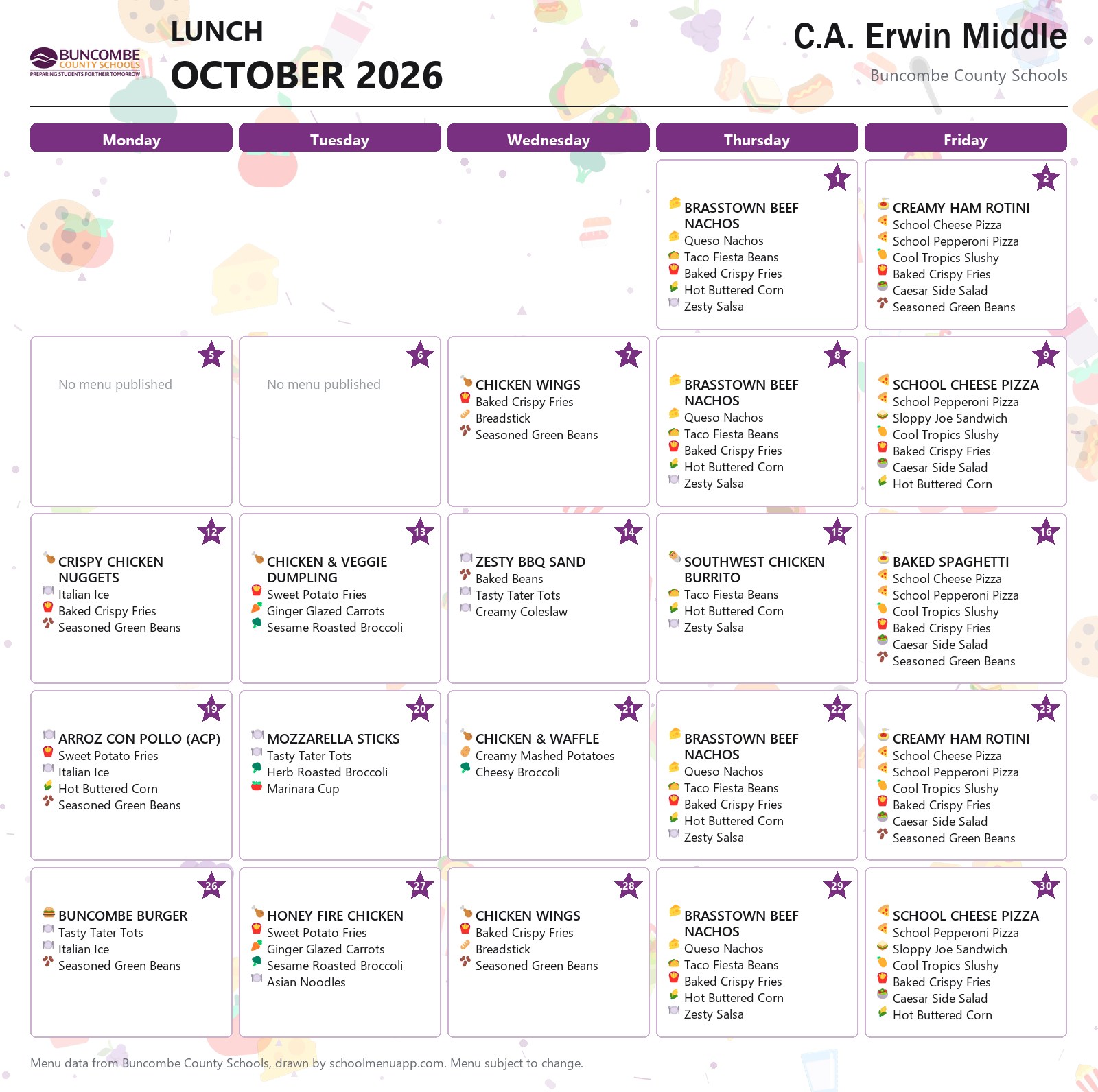C.A. Erwin Middle lunch menu for October 2026 &mdash; Buncombe County Schools