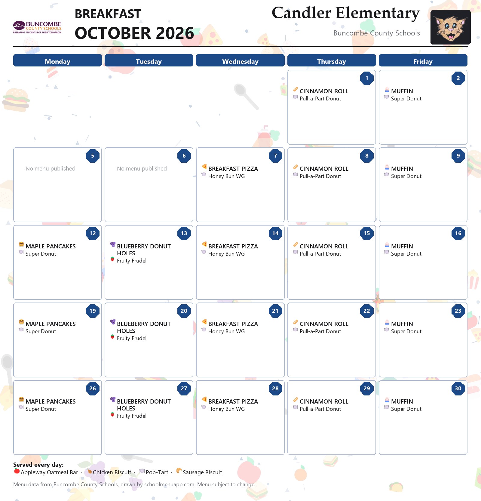 Candler Elementary breakfast menu for October 2026 &mdash; Buncombe County Schools