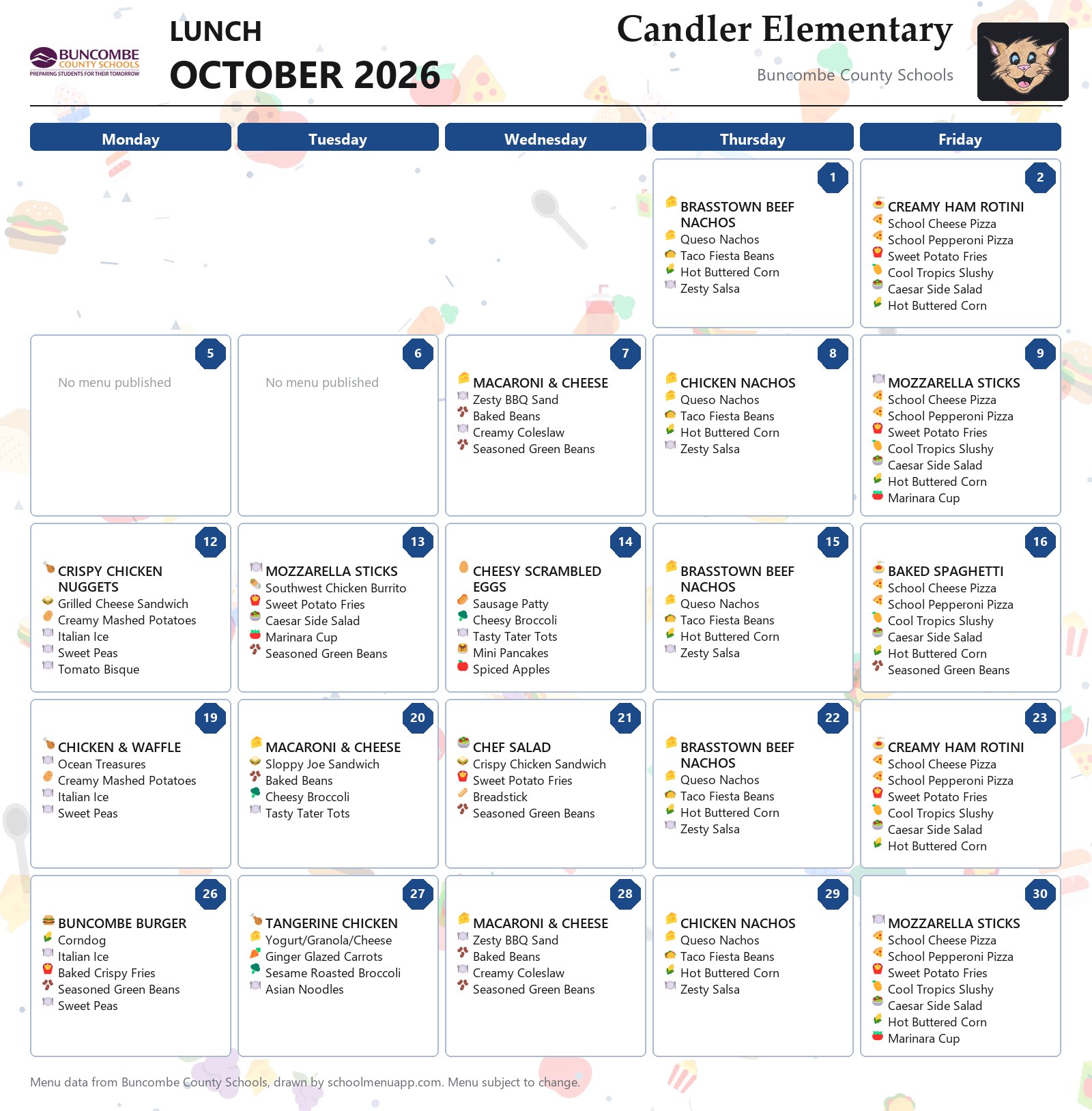 Candler Elementary lunch menu for October 2026 &mdash; Buncombe County Schools