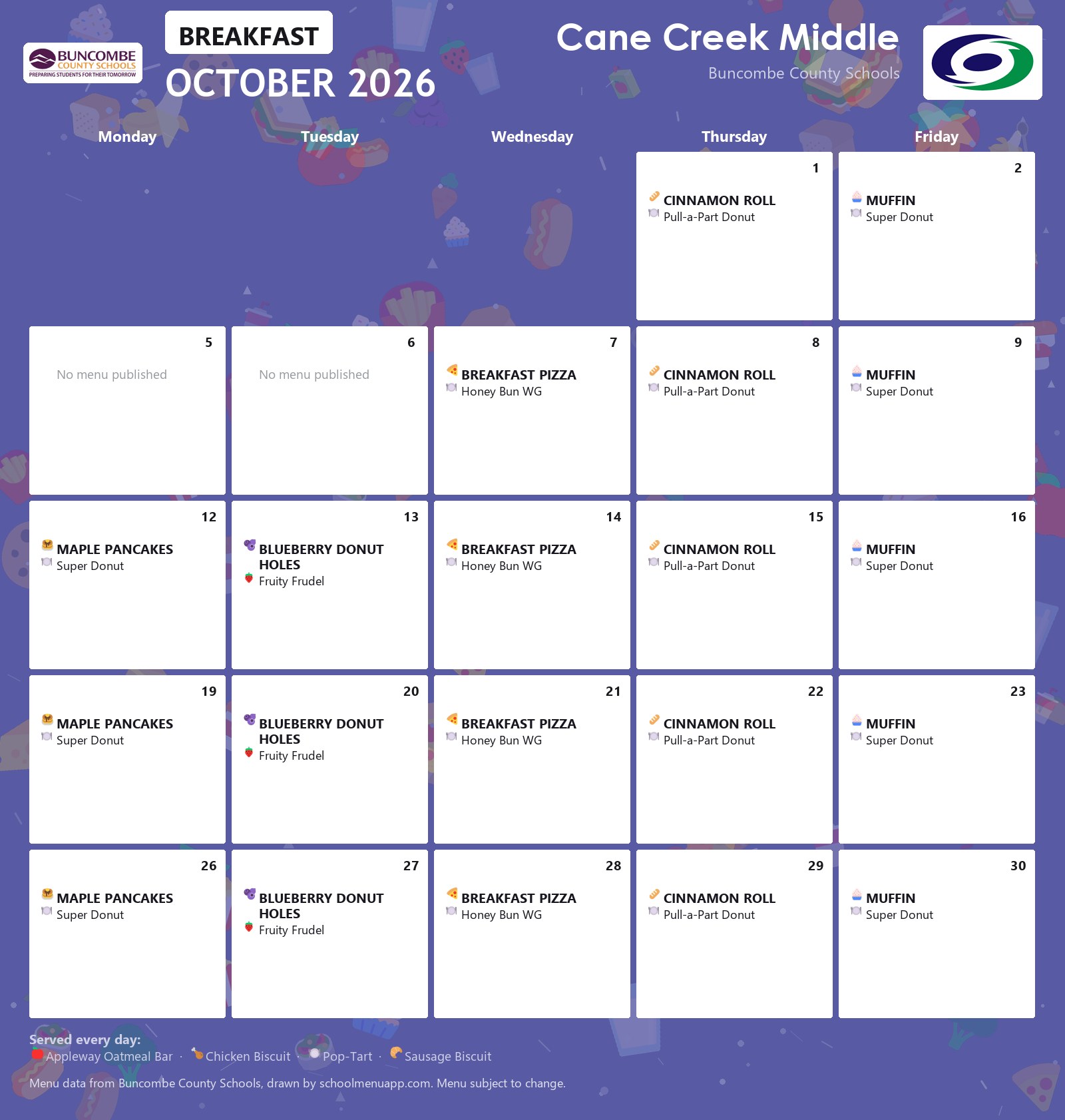 Cane Creek Middle breakfast menu for October 2026 &mdash; Buncombe County Schools