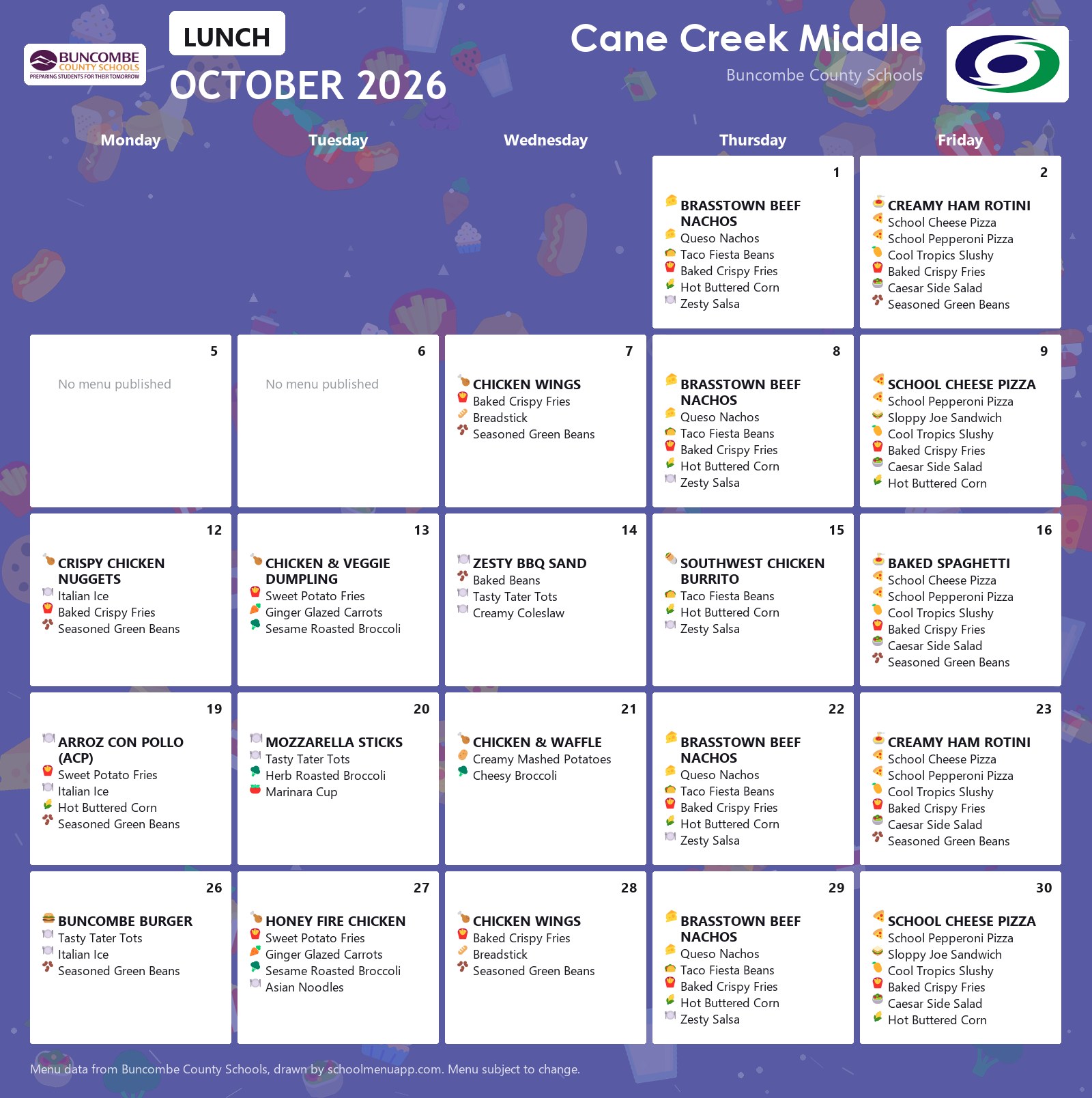 Cane Creek Middle lunch menu for October 2026 &mdash; Buncombe County Schools