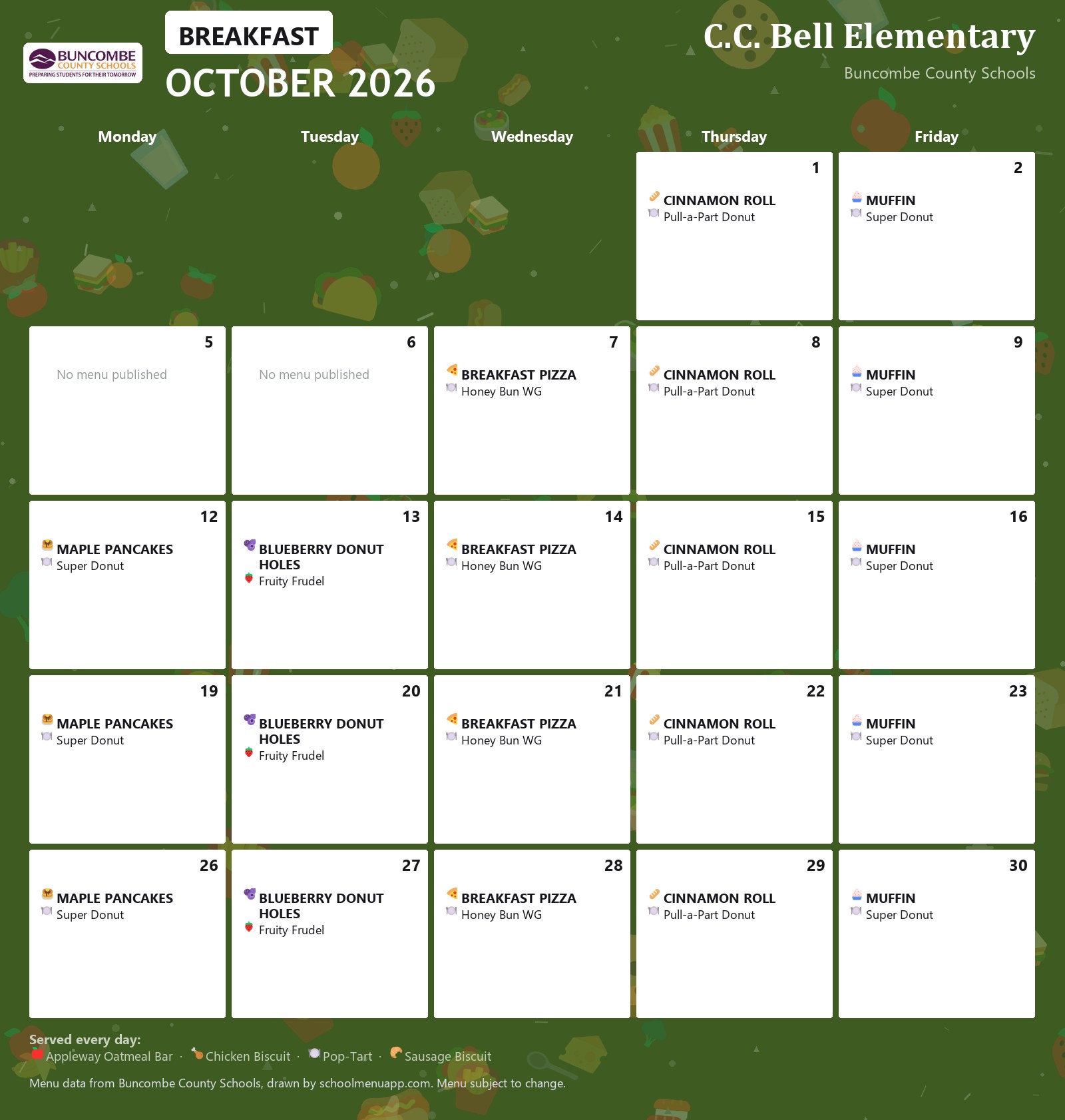 C.C. Bell Elementary breakfast menu for October 2026 &mdash; Buncombe County Schools