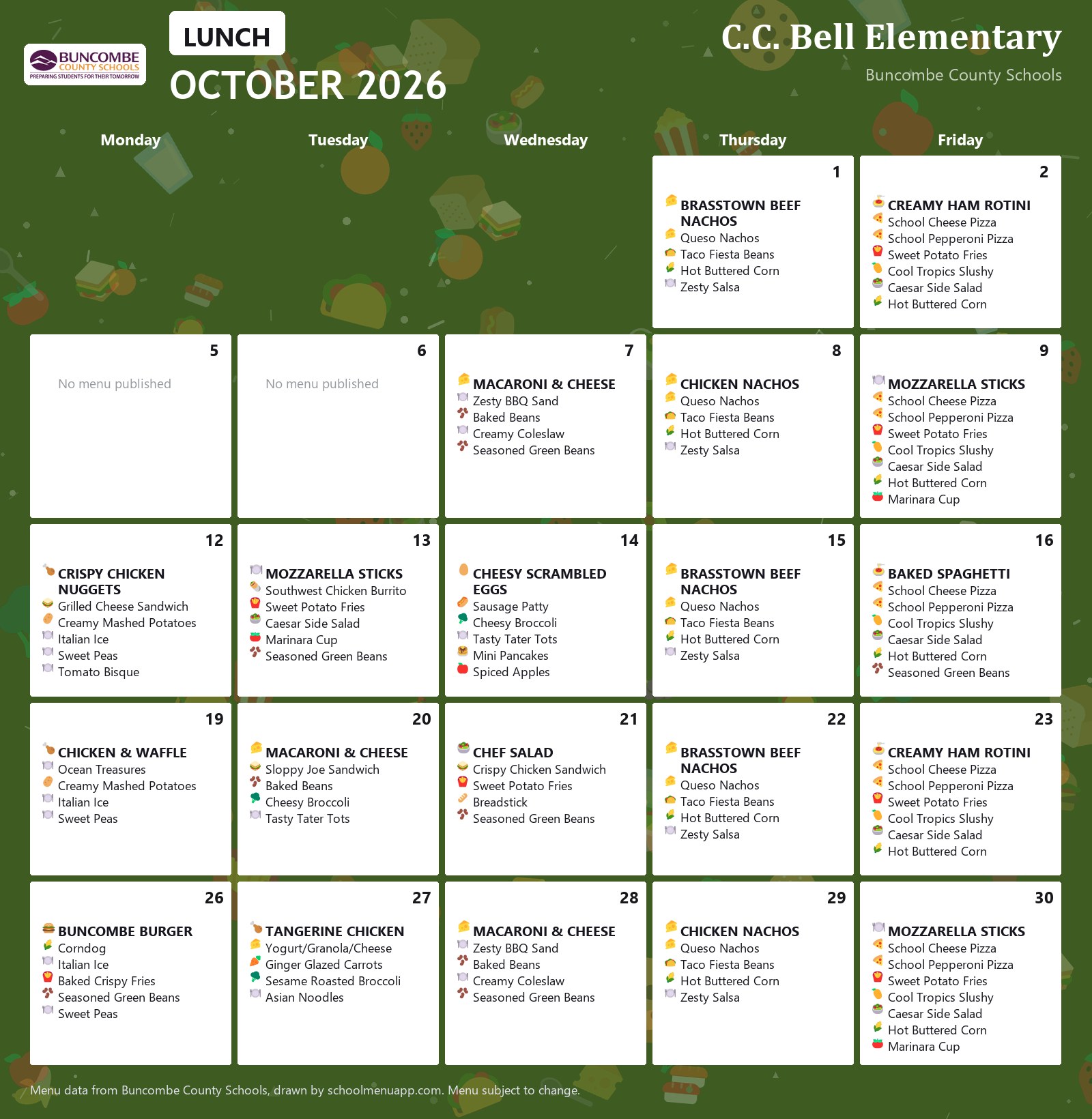 C.C. Bell Elementary lunch menu for October 2026 &mdash; Buncombe County Schools