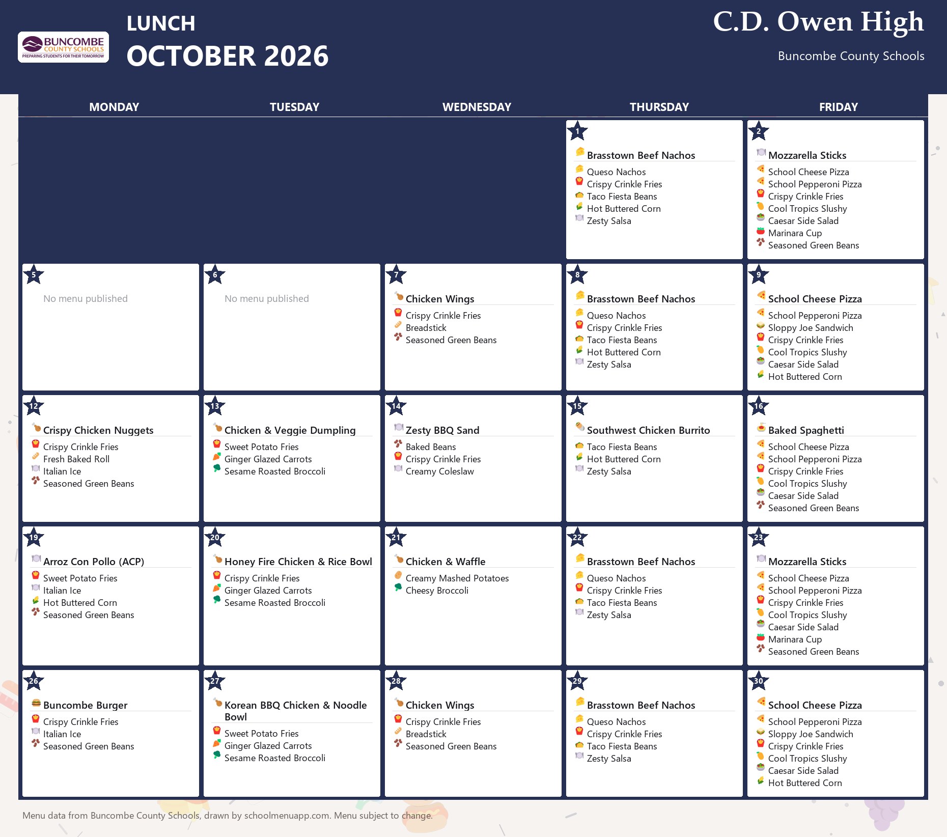 C.D. Owen High lunch menu for October 2026 &mdash; Buncombe County Schools