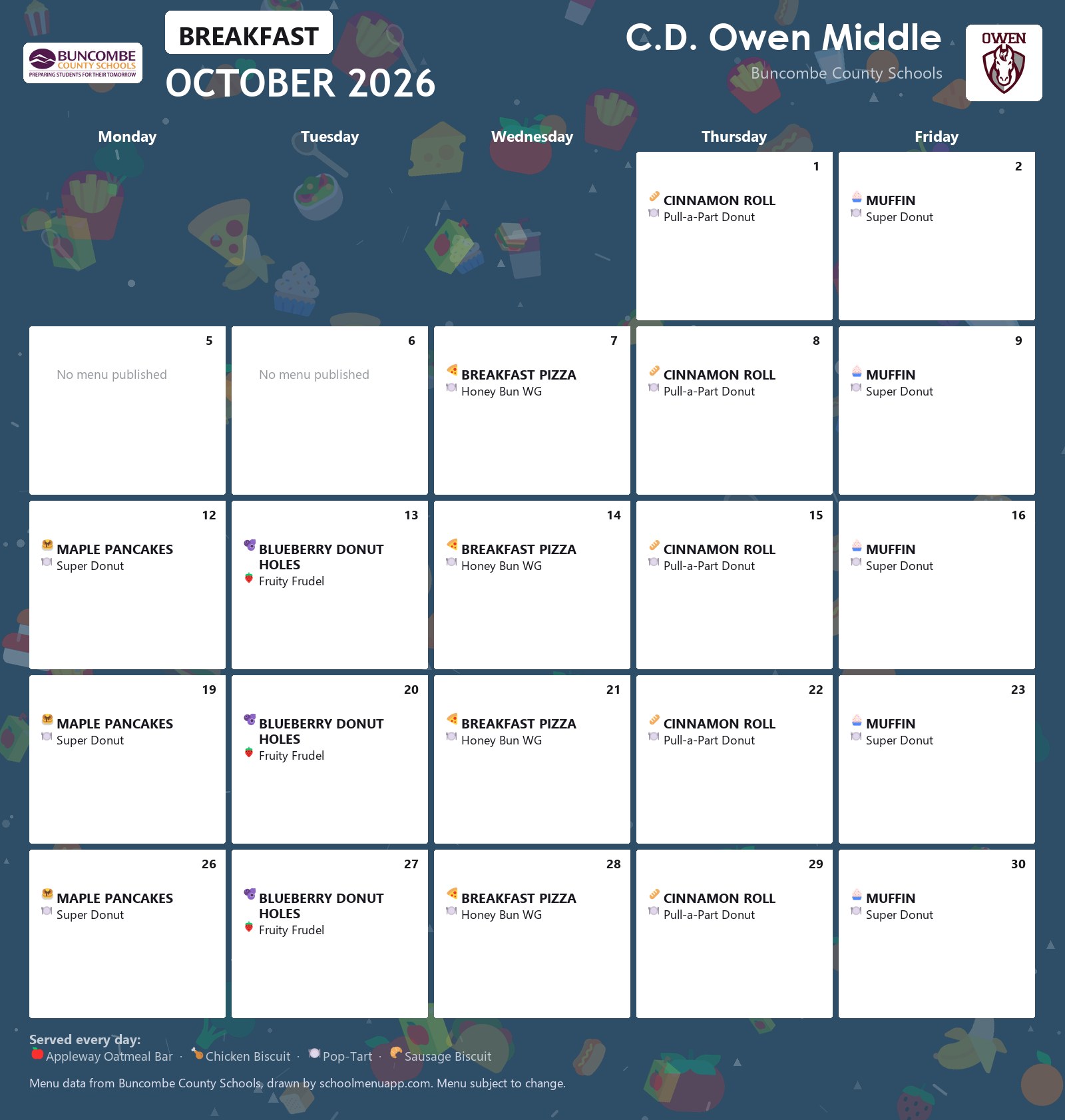 C.D. Owen Middle breakfast menu for October 2026 &mdash; Buncombe County Schools