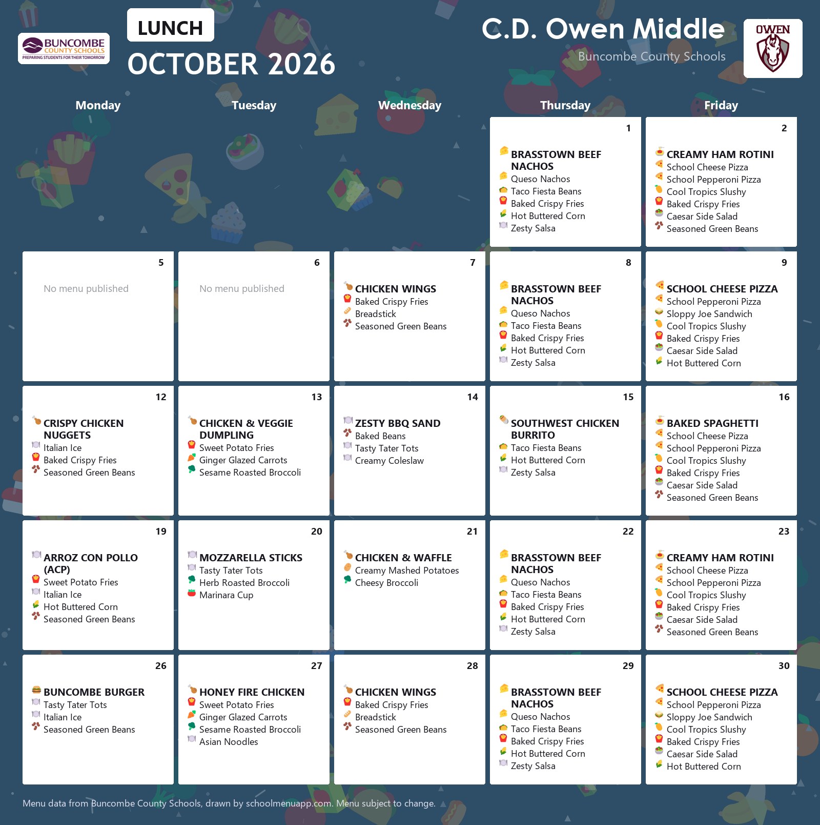 C.D. Owen Middle lunch menu for October 2026 &mdash; Buncombe County Schools