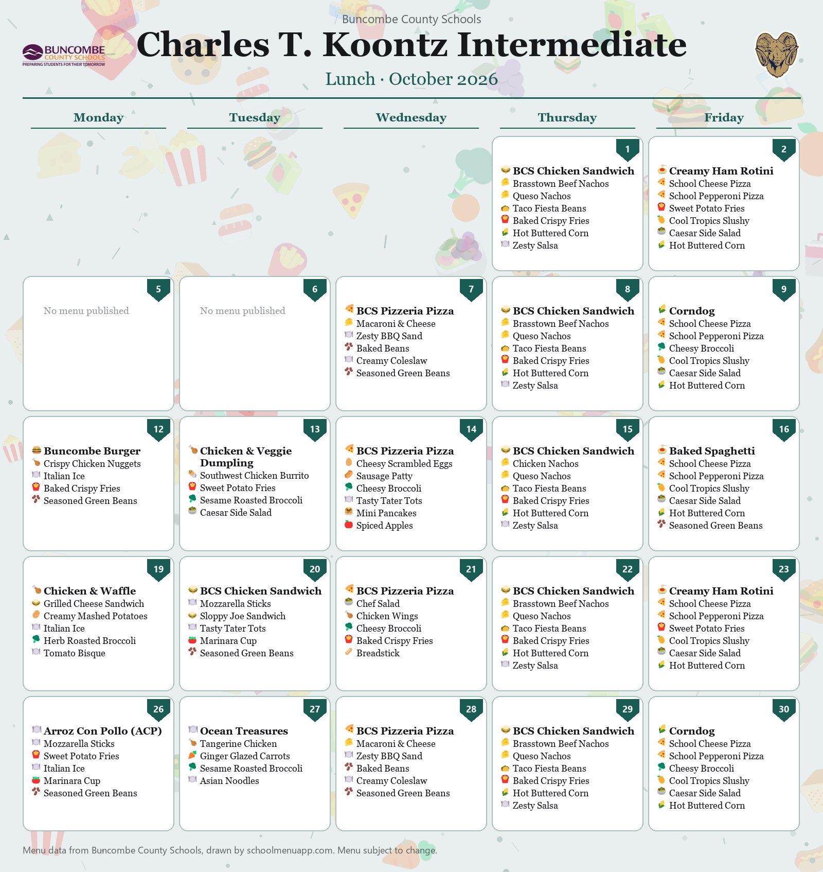 Charles T. Koontz Intermediate lunch menu for October 2026 &mdash; Buncombe County Schools