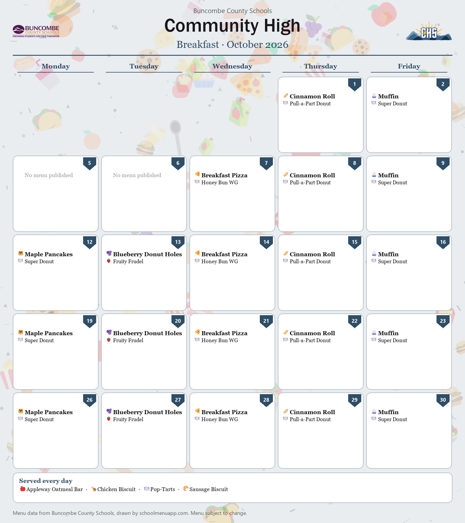 Community High breakfast menu for October 2026 &mdash; Buncombe County Schools