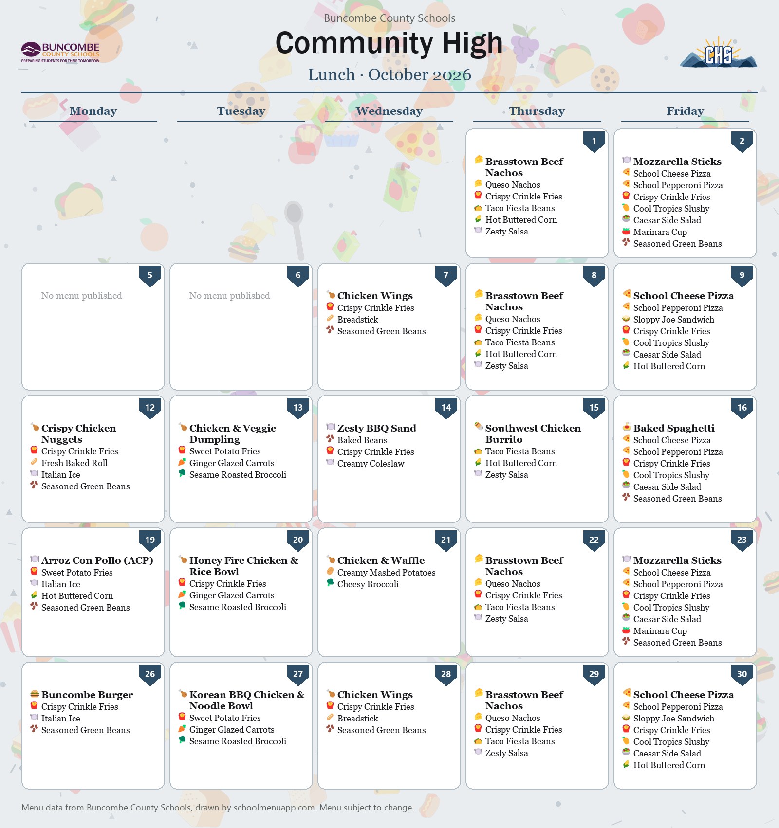 Community High lunch menu for October 2026 &mdash; Buncombe County Schools