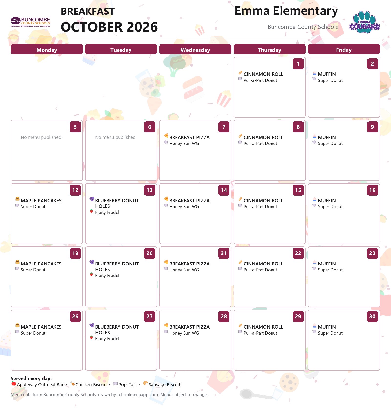 Emma Elementary breakfast menu for October 2026 &mdash; Buncombe County Schools