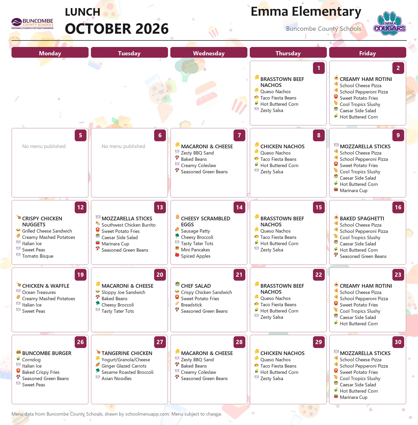Emma Elementary lunch menu for October 2026 &mdash; Buncombe County Schools