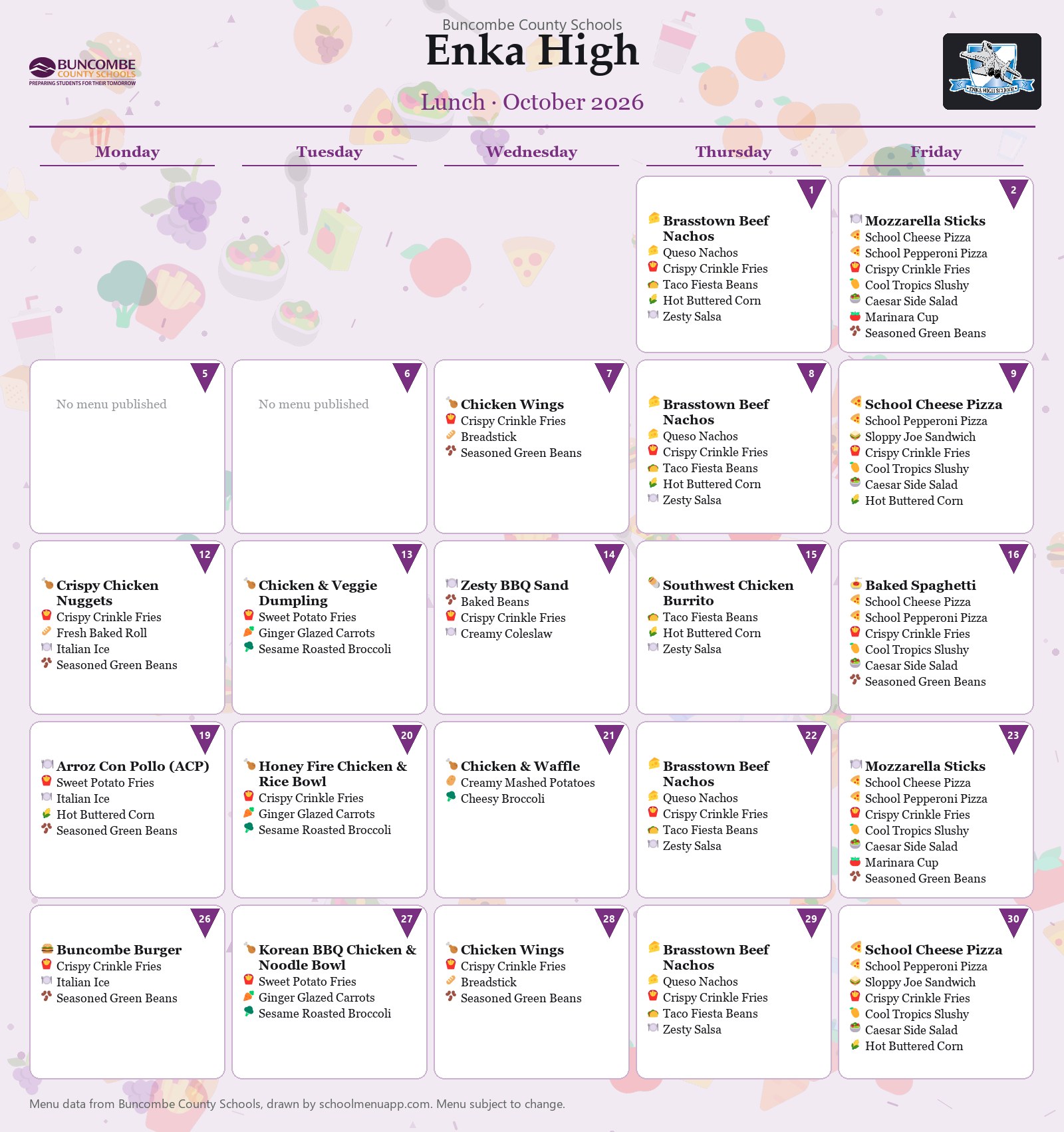 Enka High lunch menu for October 2026 &mdash; Buncombe County Schools