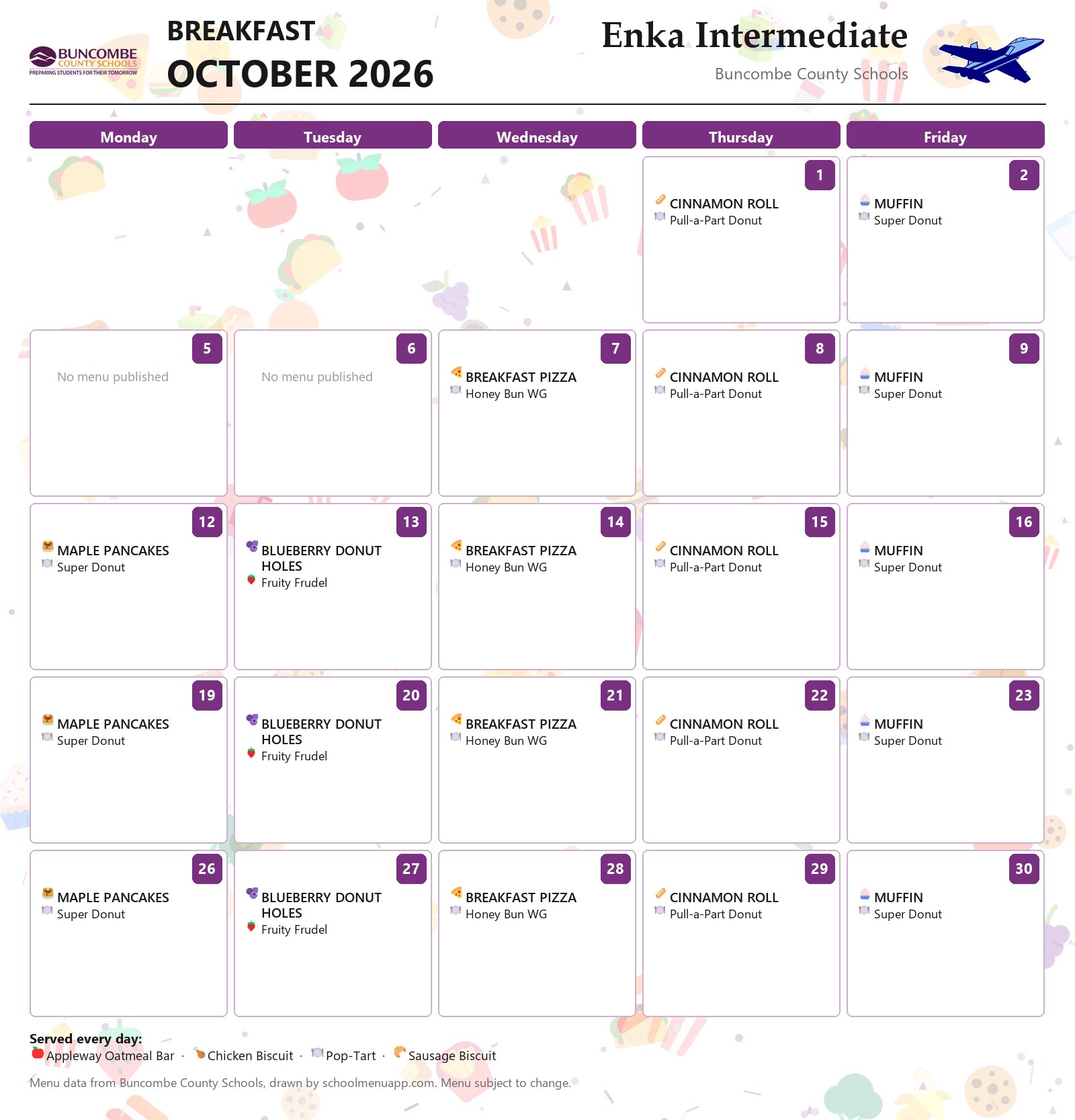 Enka Intermediate breakfast menu for October 2026 &mdash; Buncombe County Schools