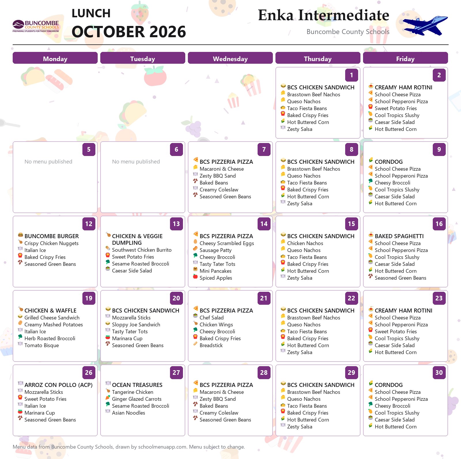 Enka Intermediate lunch menu for October 2026 &mdash; Buncombe County Schools