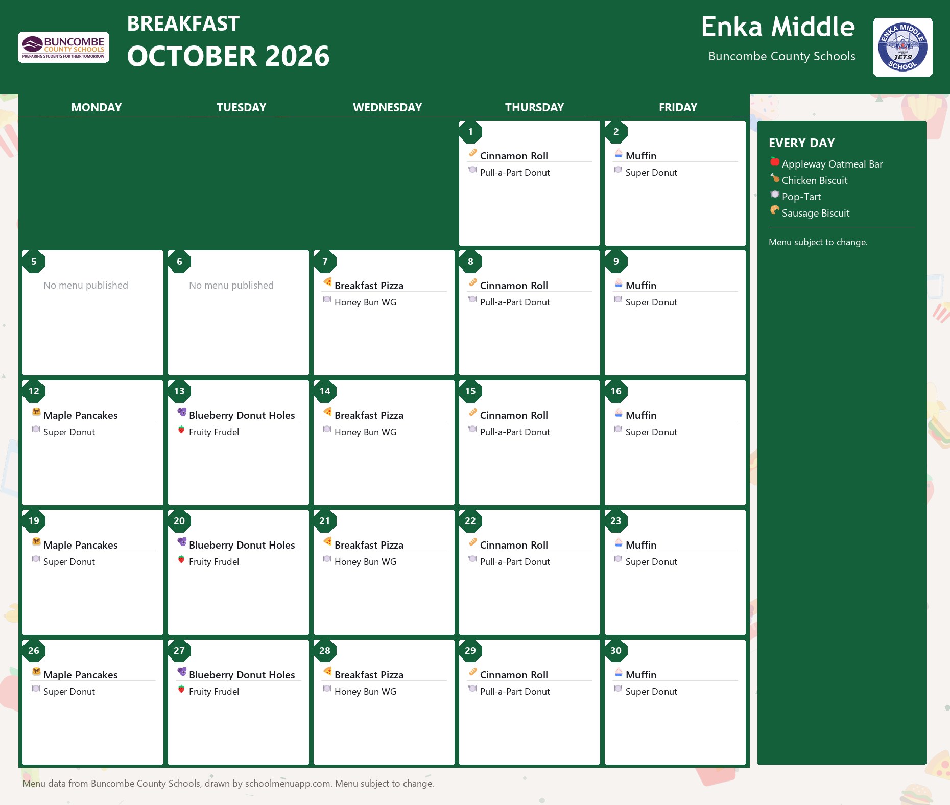 Enka Middle breakfast menu for October 2026 &mdash; Buncombe County Schools