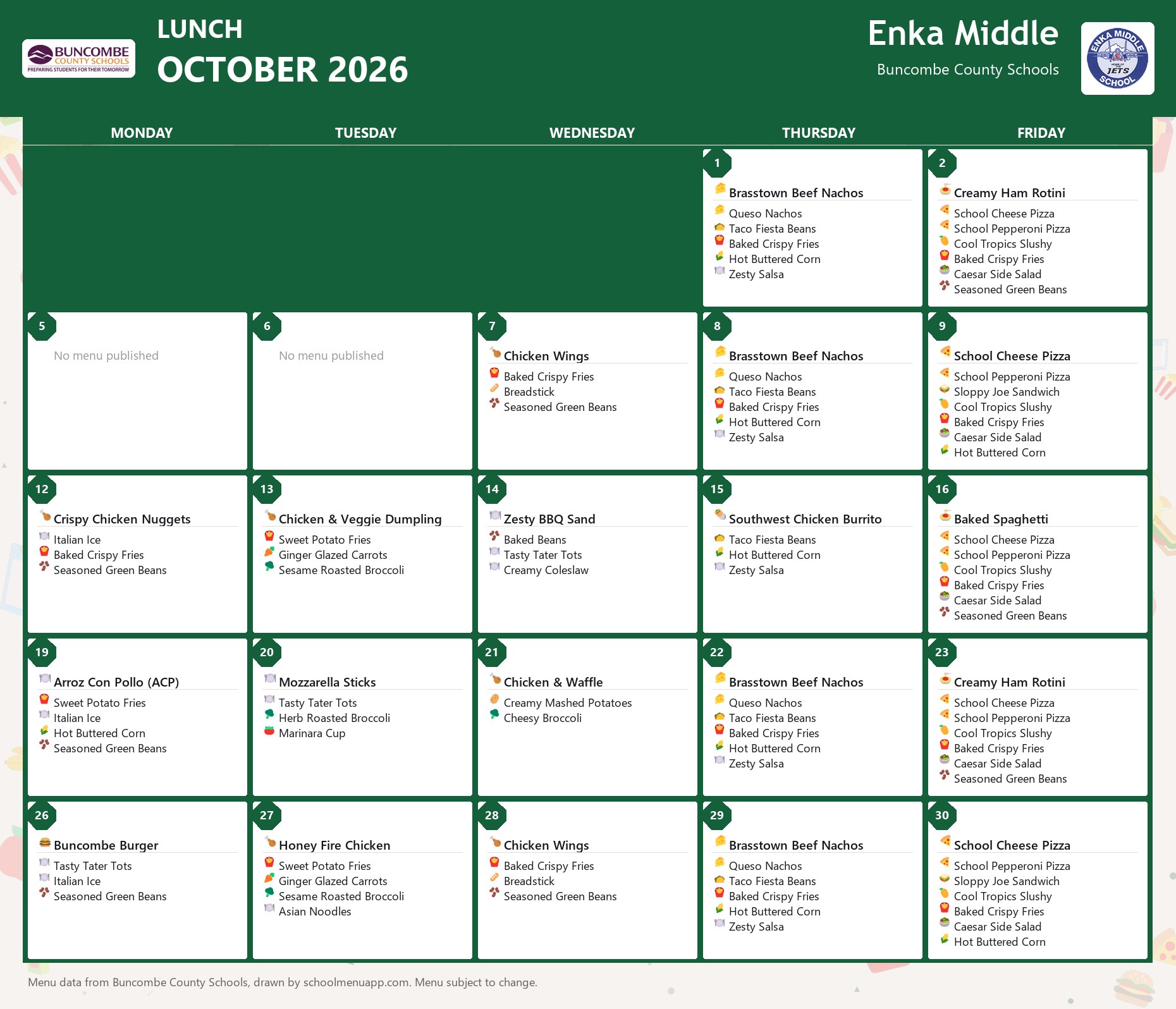 Enka Middle lunch menu for October 2026 &mdash; Buncombe County Schools