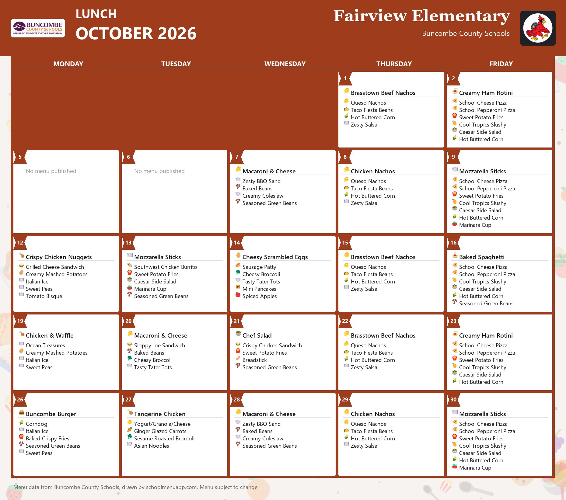 Fairview Elementary lunch menu for October 2026 &mdash; Buncombe County Schools